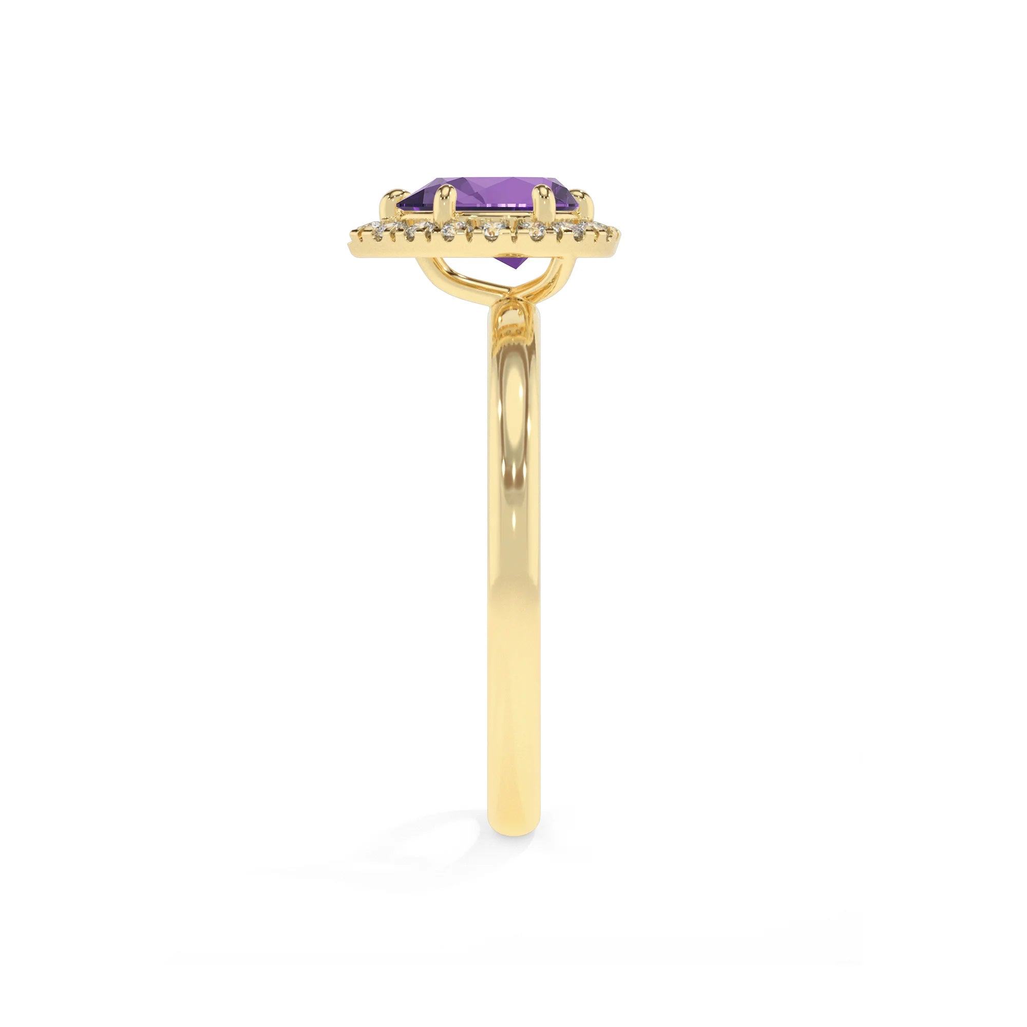 lab grown amethyst pear solitaire rings in yellow gold