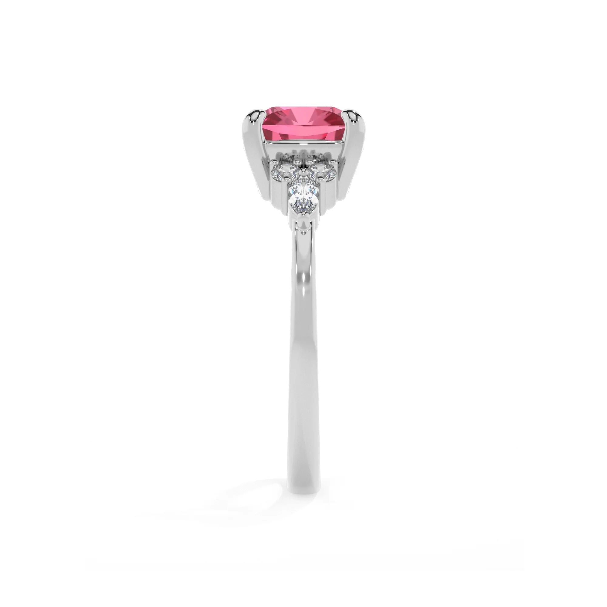 lab grown pink-tourmaline cushion solitaire rings in platinum