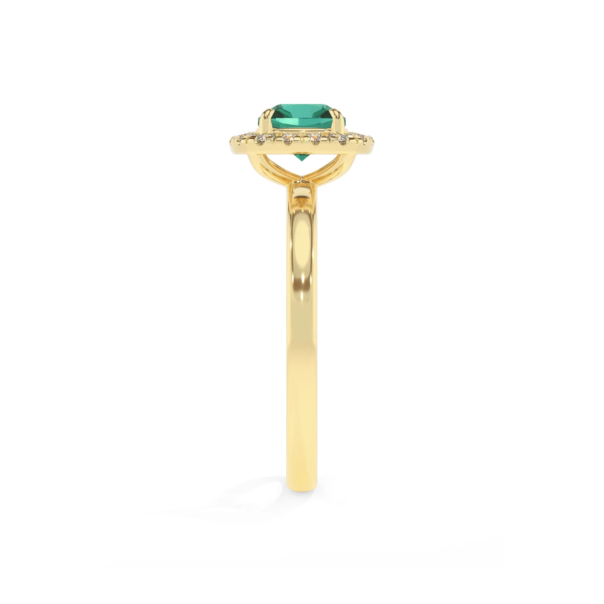 lab grown emerald cushion solitaire rings in yellow gold