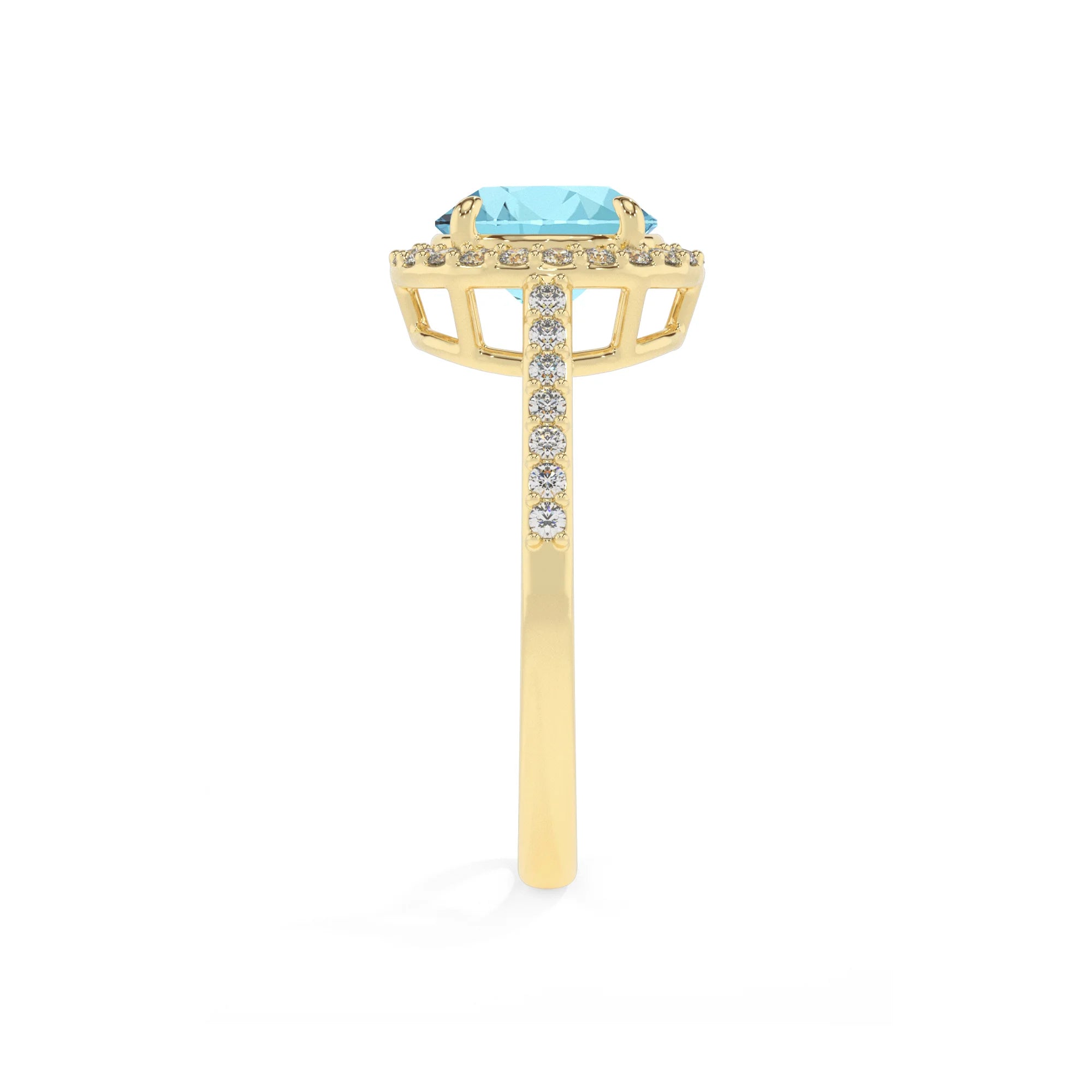 lab grown aquamarine round solitaire rings in yellow gold