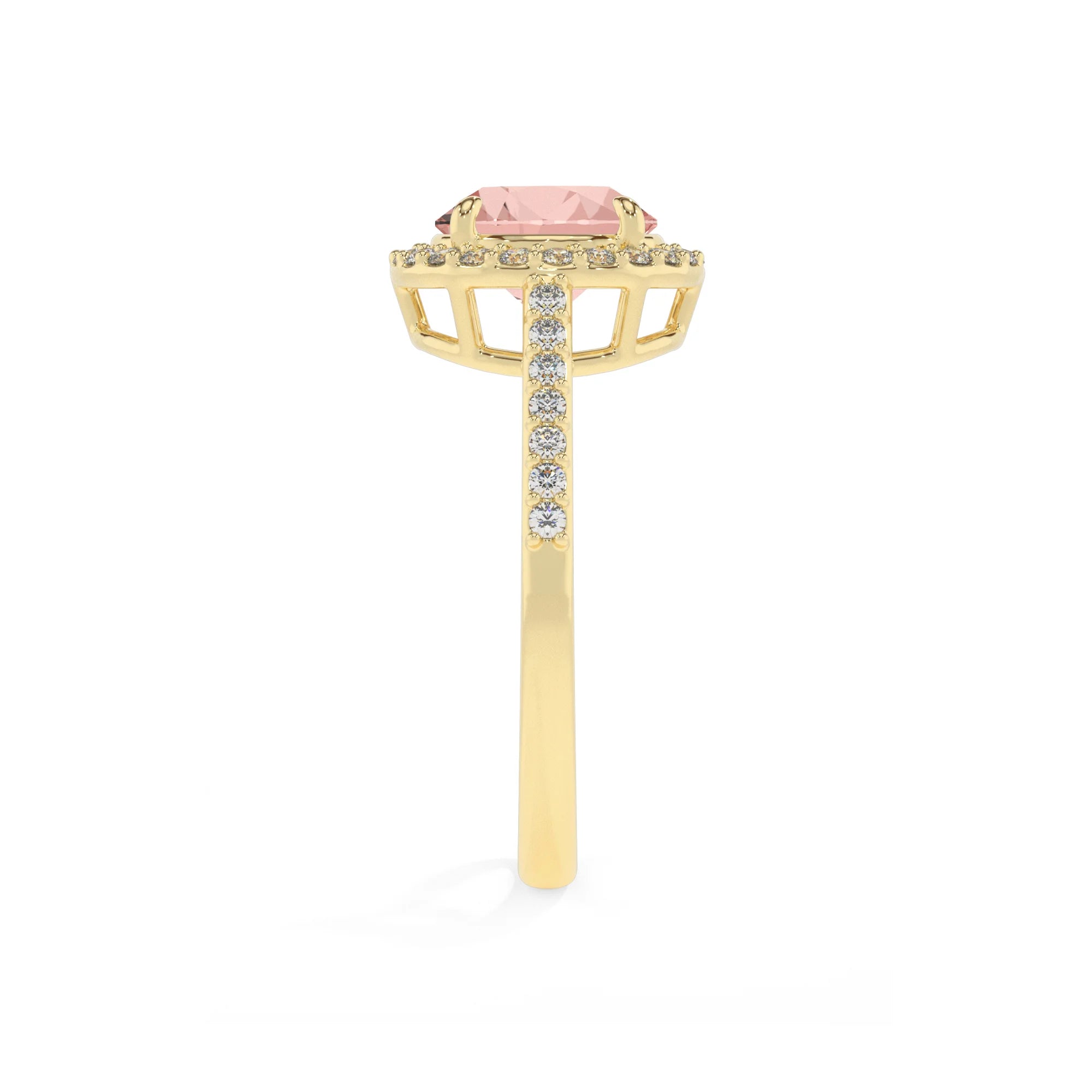 lab grown morganite round solitaire rings in yellow gold