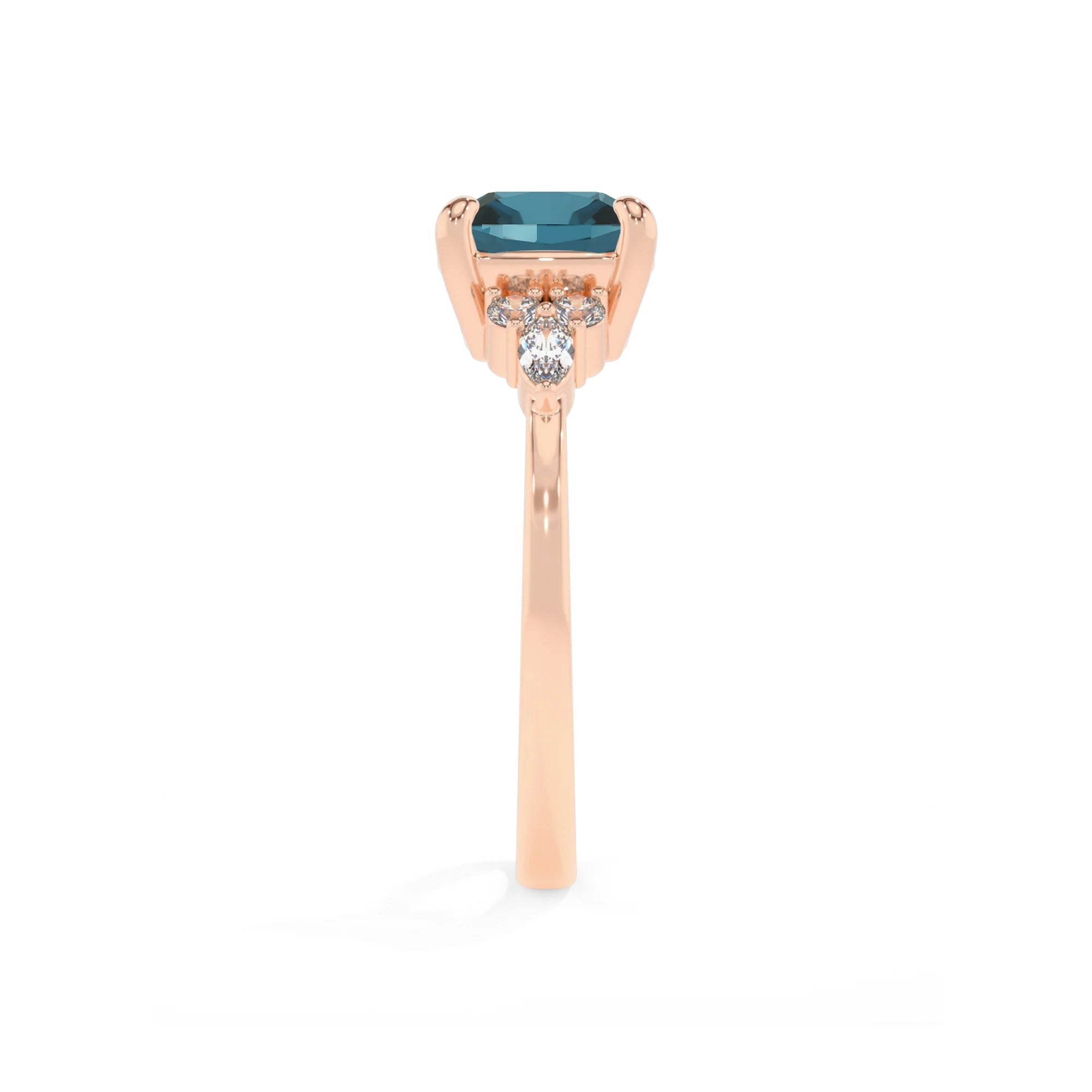 natural london-blue-topaz cushion solitaire rings in rose gold