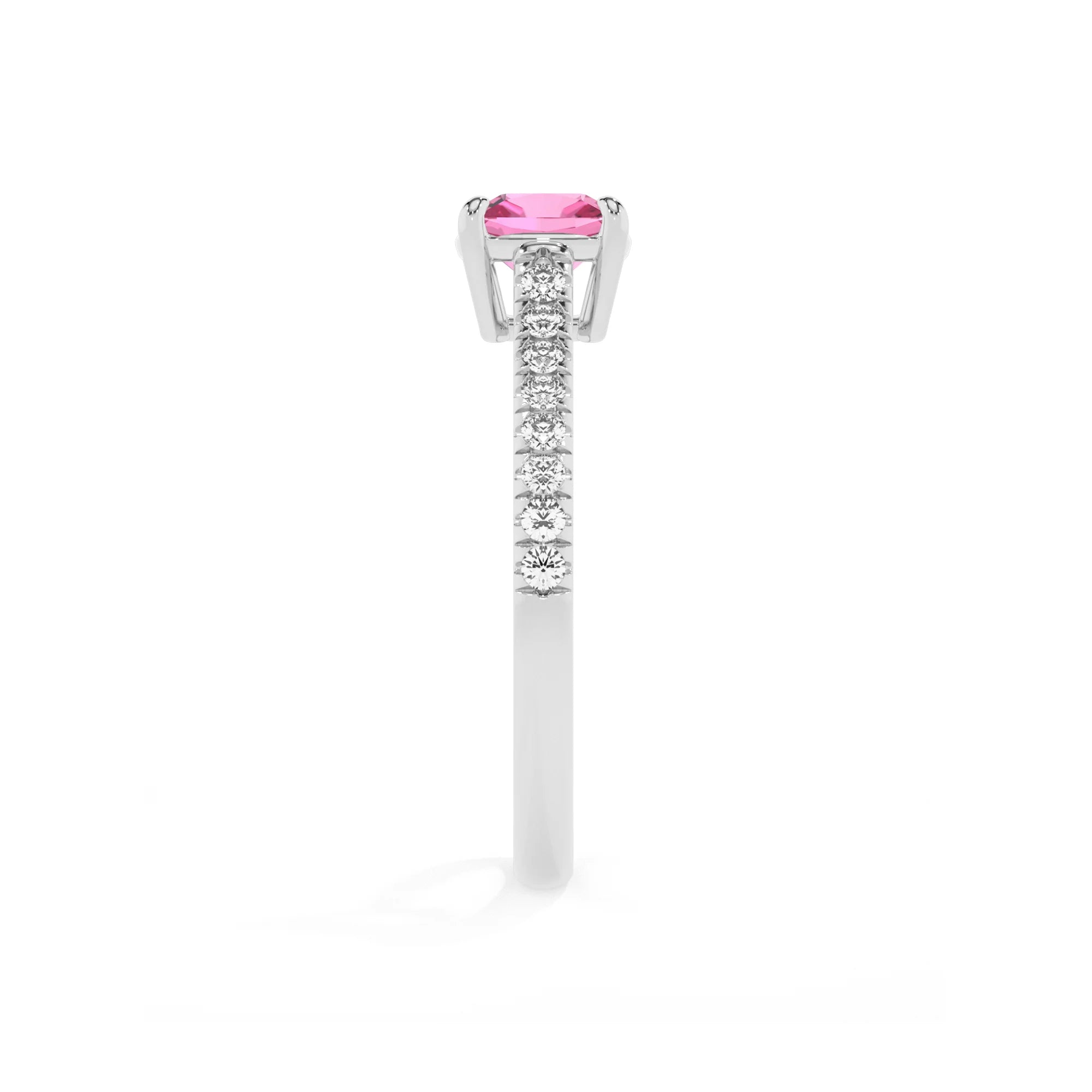 lab grown pink-sapphire cushion half eternity solitaire engagement rings in platinum