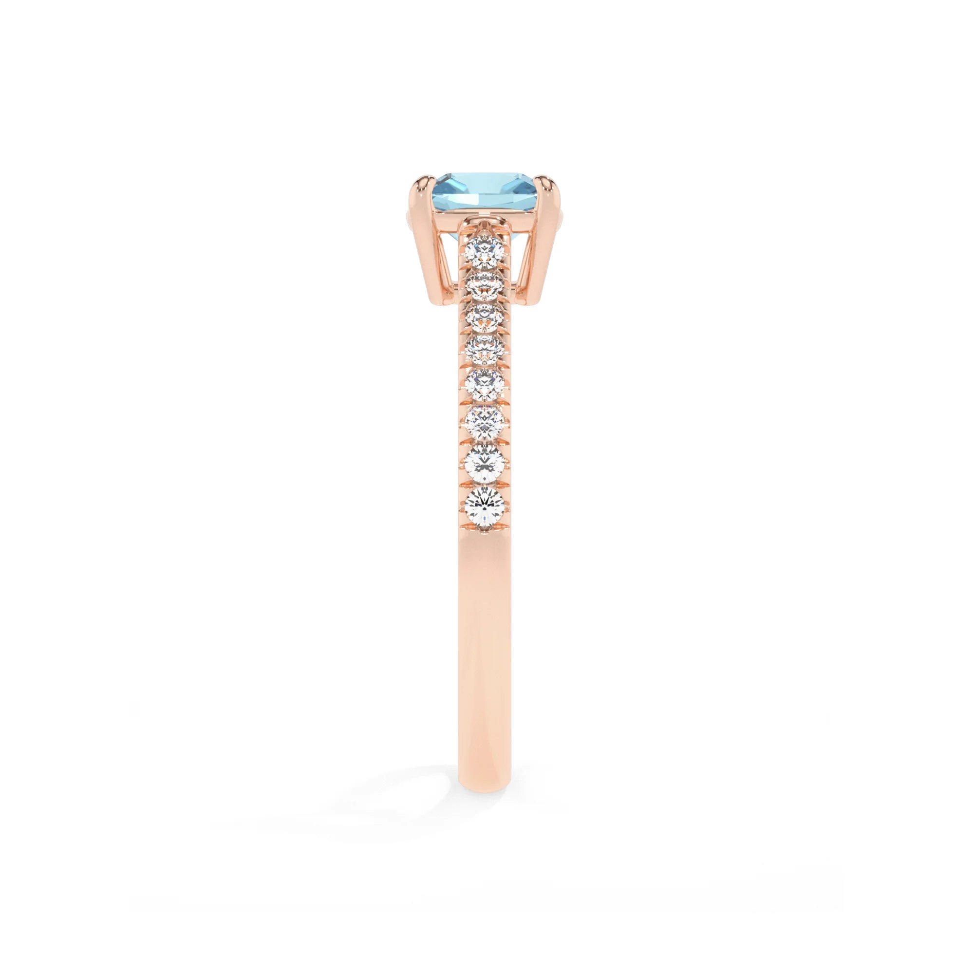 lab grown aquamarine cushion half eternity solitaire engagement rings in rose gold