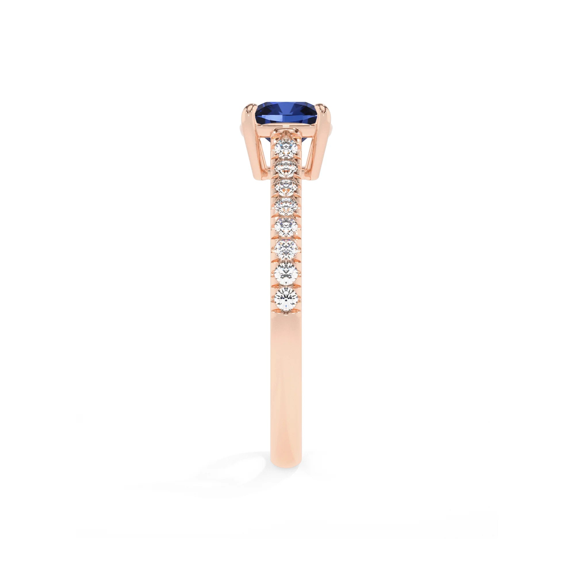 lab grown blue-sapphire cushion half eternity solitaire engagement rings in rose gold