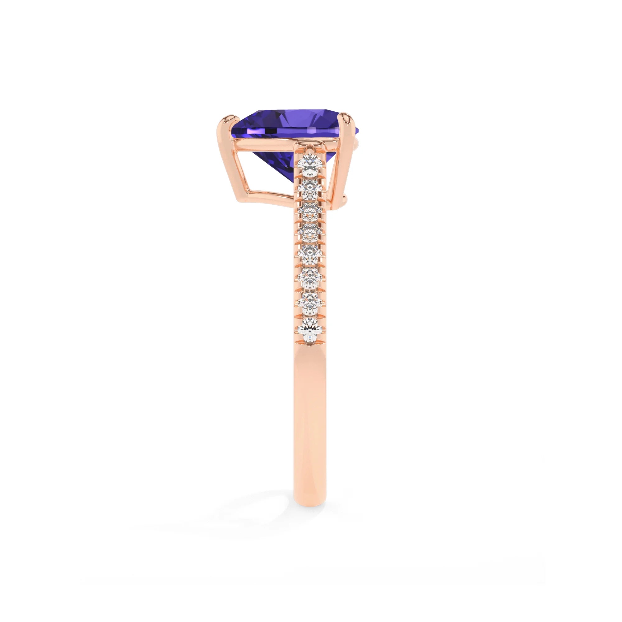lab grown tanzanite heart half eternity solitaire engagement rings in rose gold