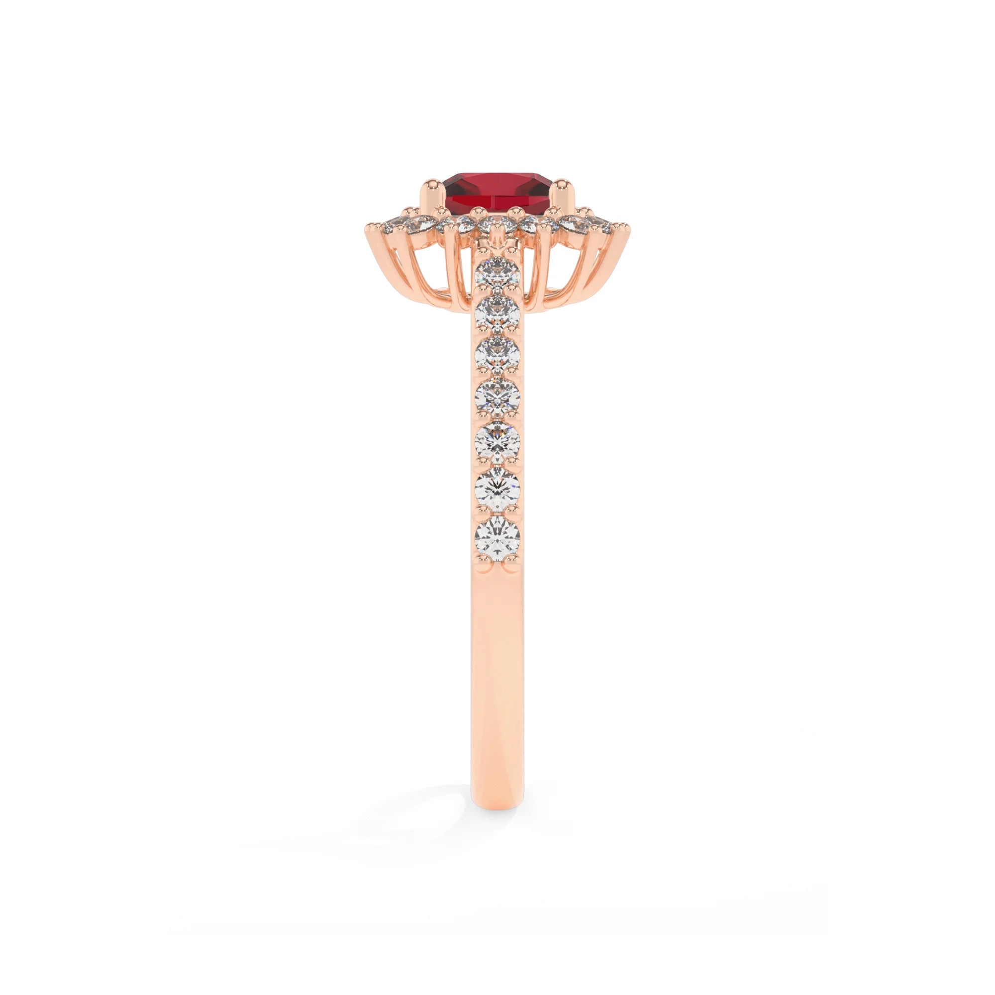 lab grown ruby cushion solitaire rings in rose gold
