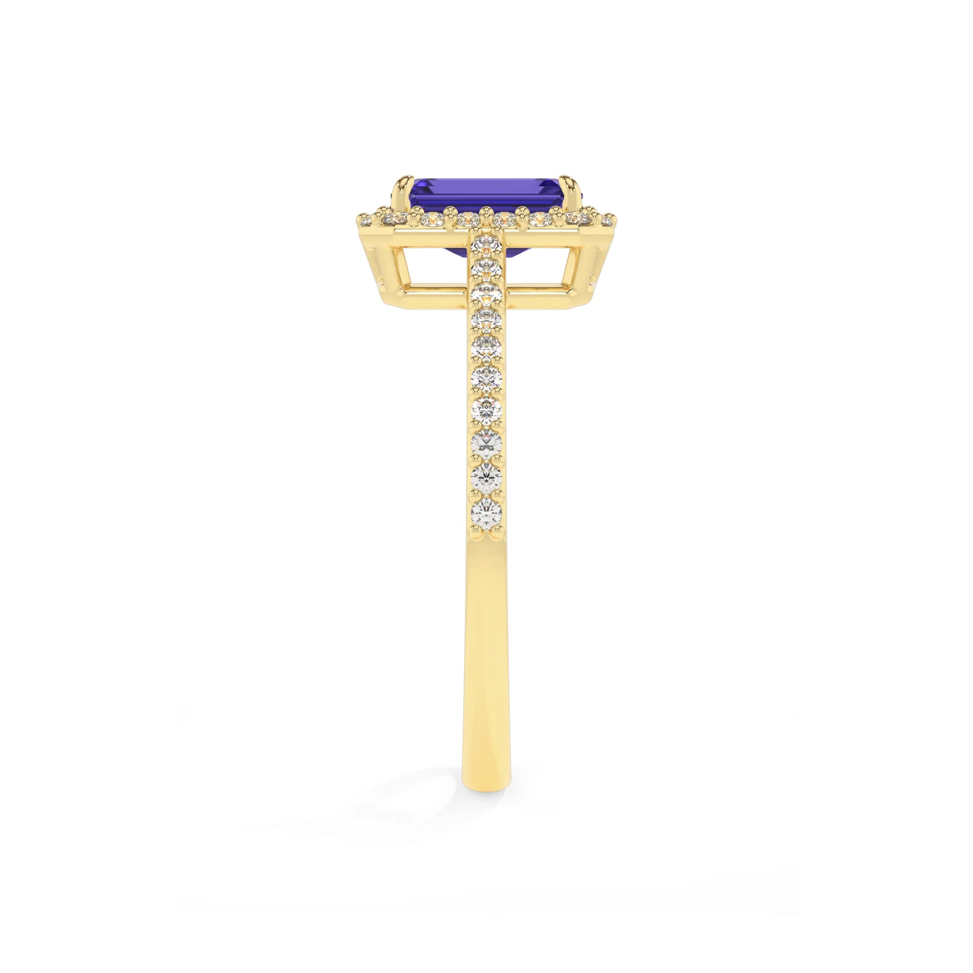 lab grown tanzanite emerald cut solitaire rings in yellow gold