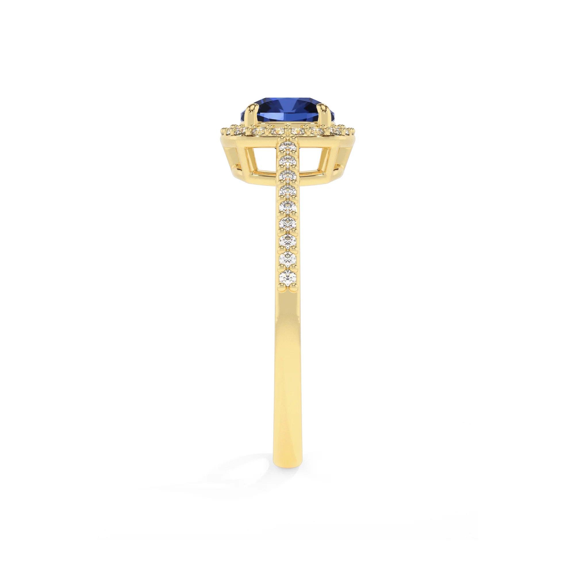 lab grown blue-sapphire cushion solitaire rings in yellow gold