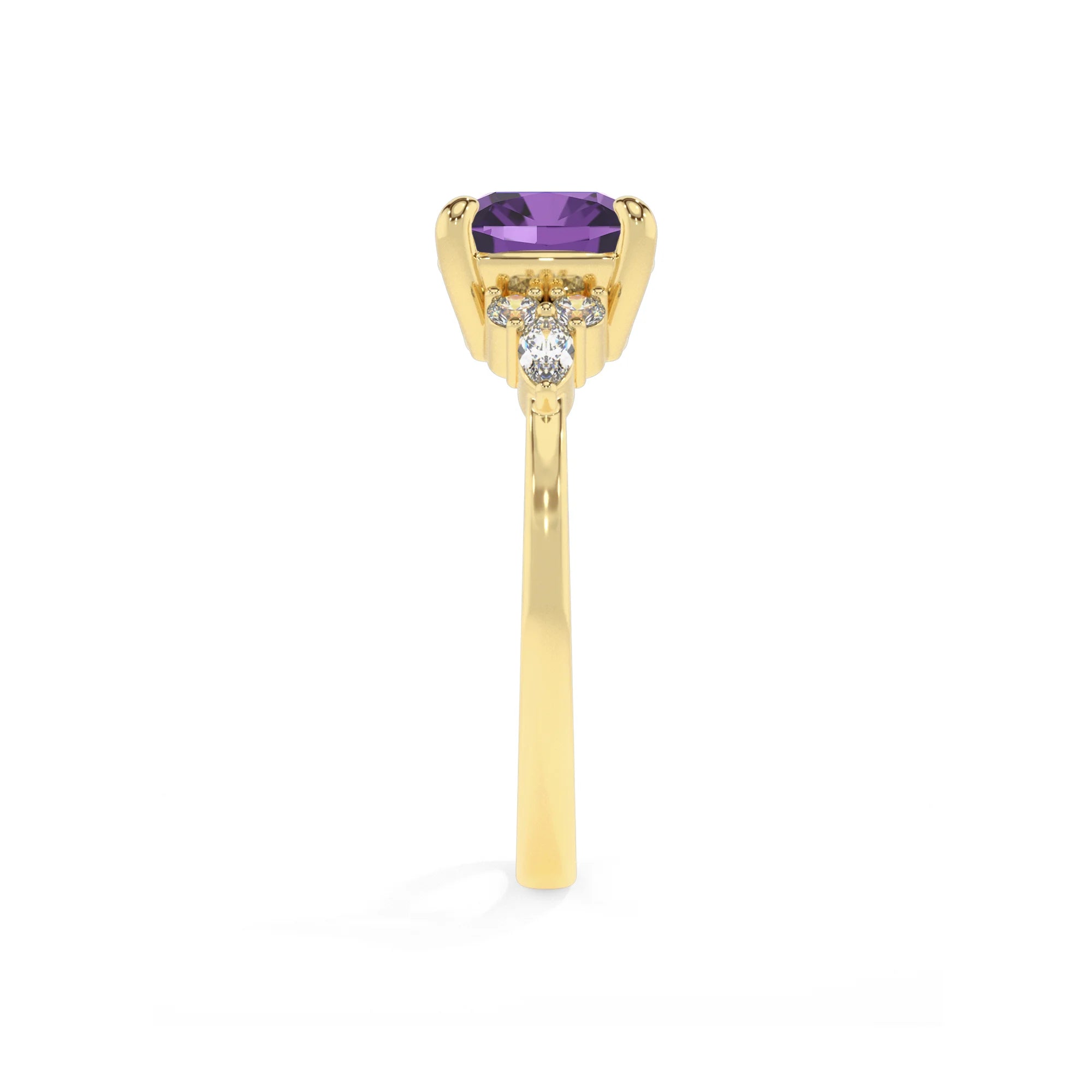 lab grown amethyst cushion solitaire rings in yellow gold
