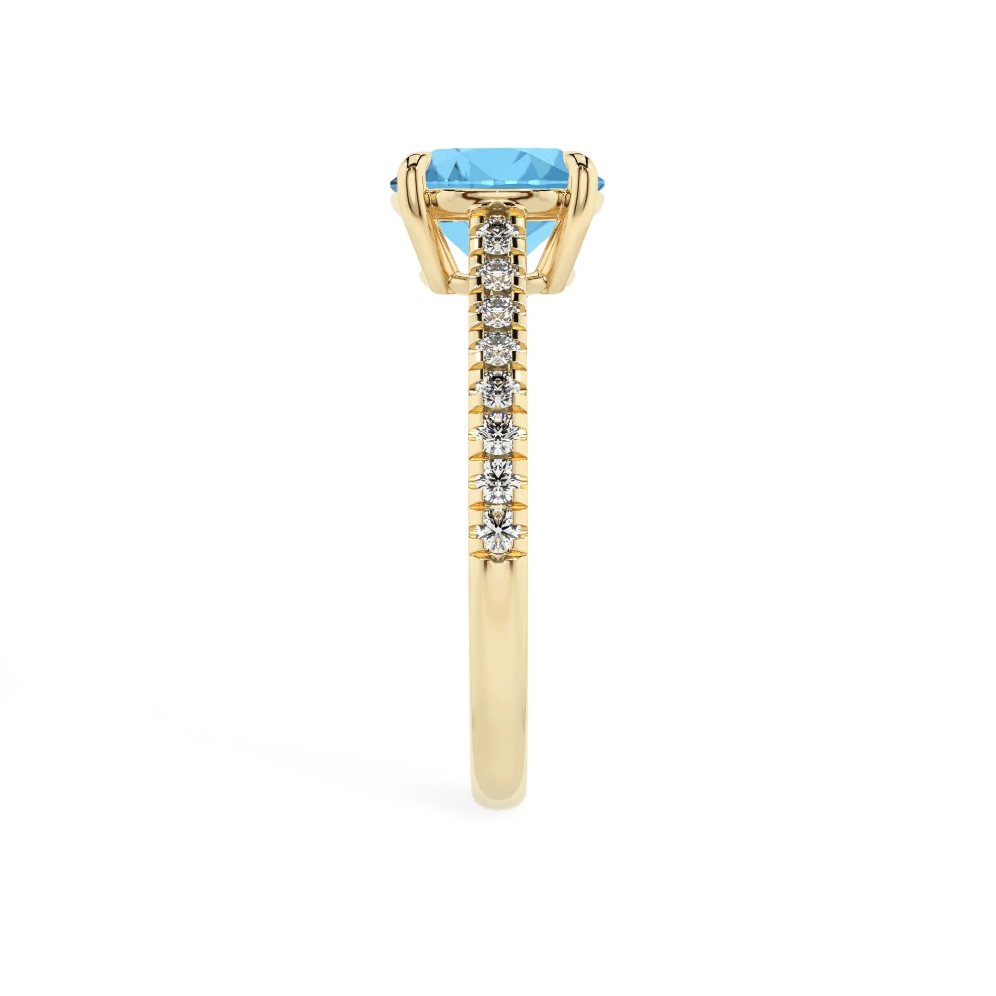 natural swiss-blue-topaz round half eternity solitaire engagement rings in yellow gold