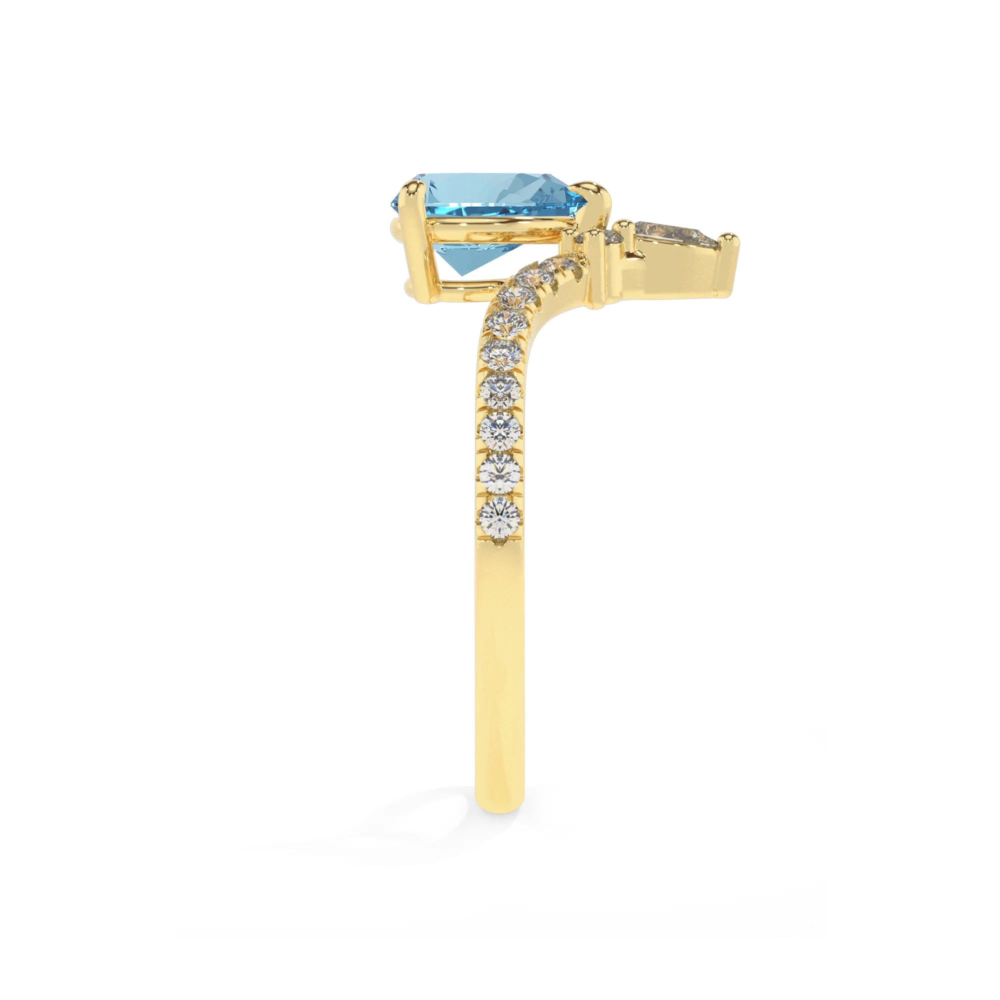 lab grown aquamarine pear solitaire rings in yellow gold