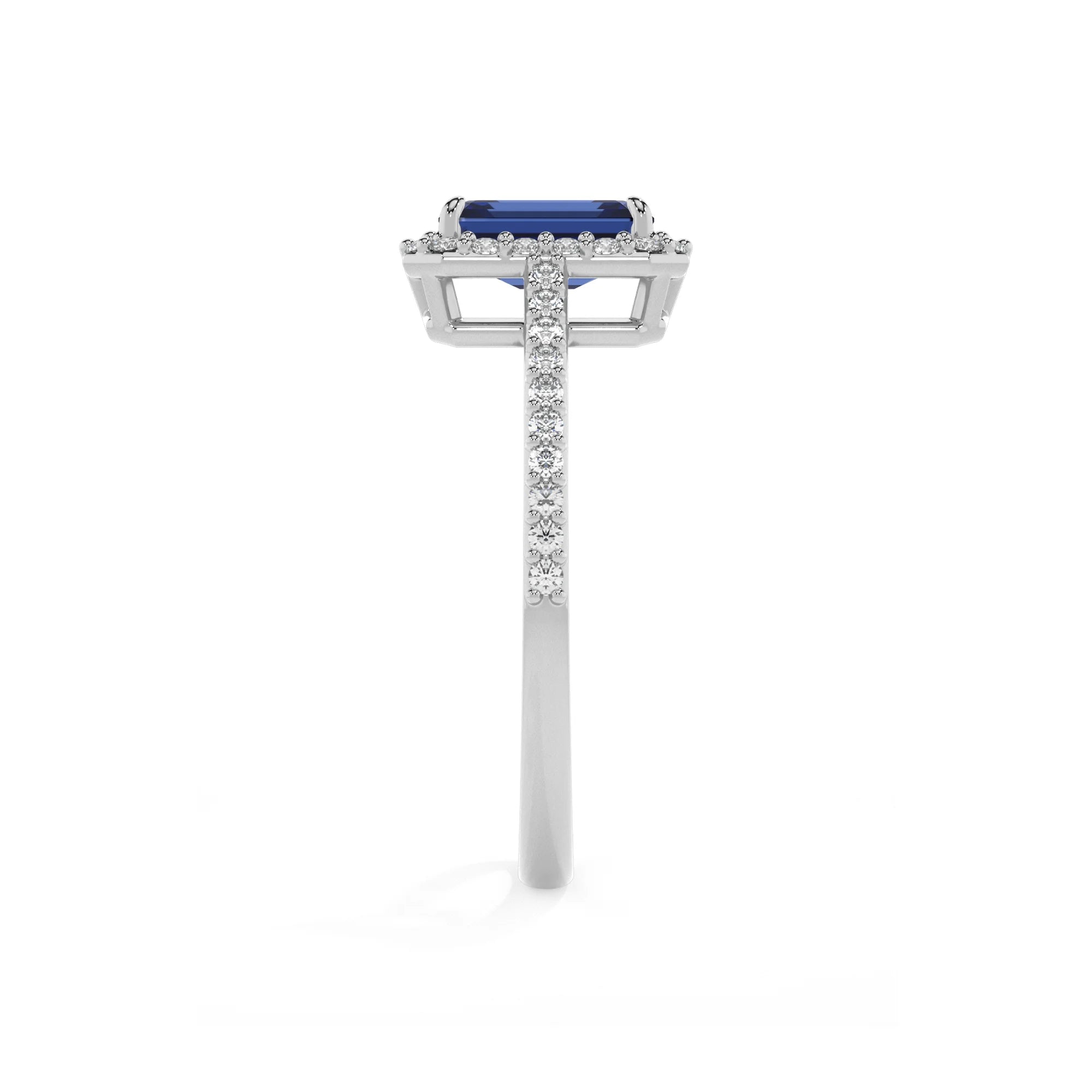 lab grown blue-sapphire emerald cut solitaire rings in platinum