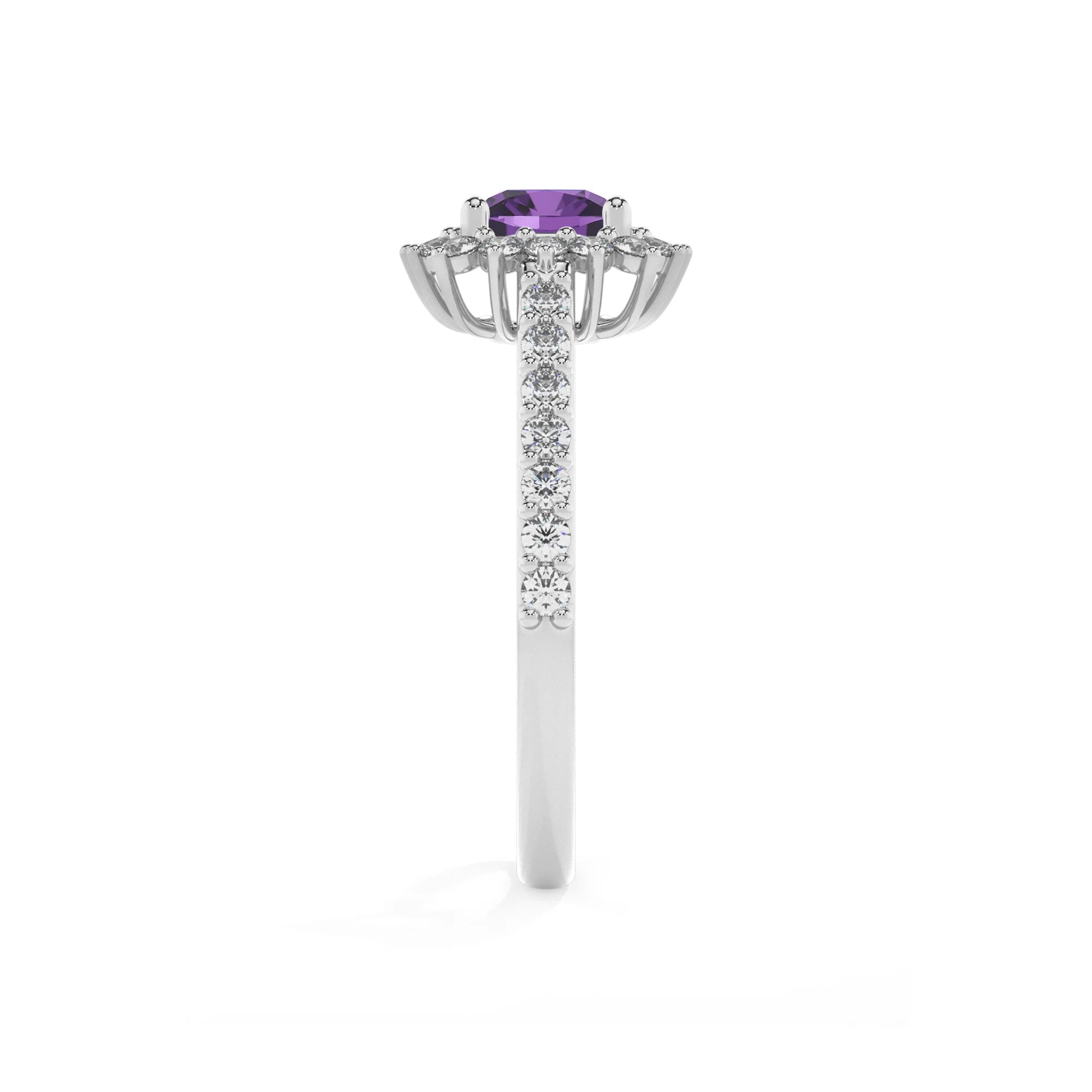 lab grown amethyst cushion solitaire rings in white gold