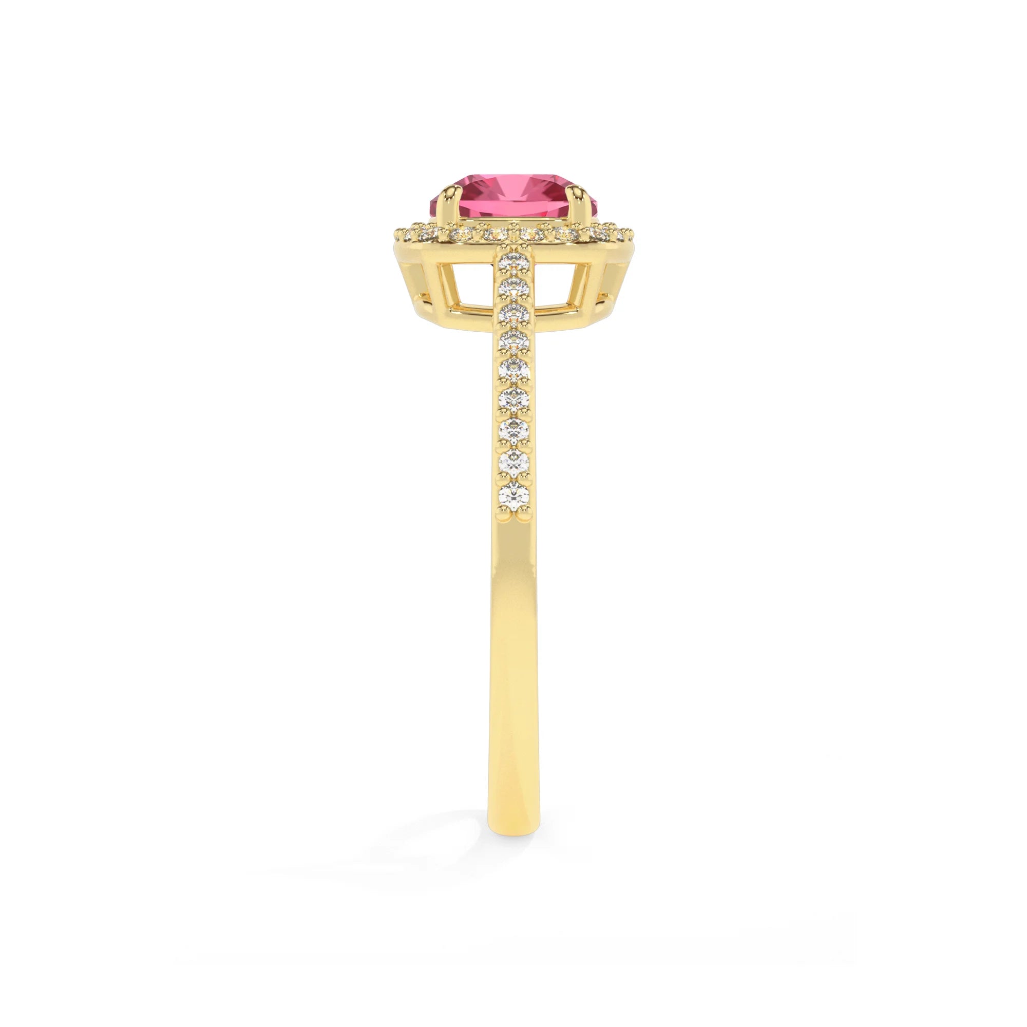 lab grown pink-tourmaline cushion solitaire rings in yellow gold