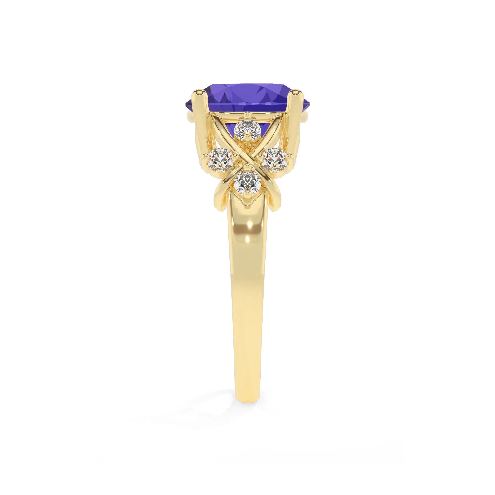 lab grown tanzanite round solitaire rings in yellow gold