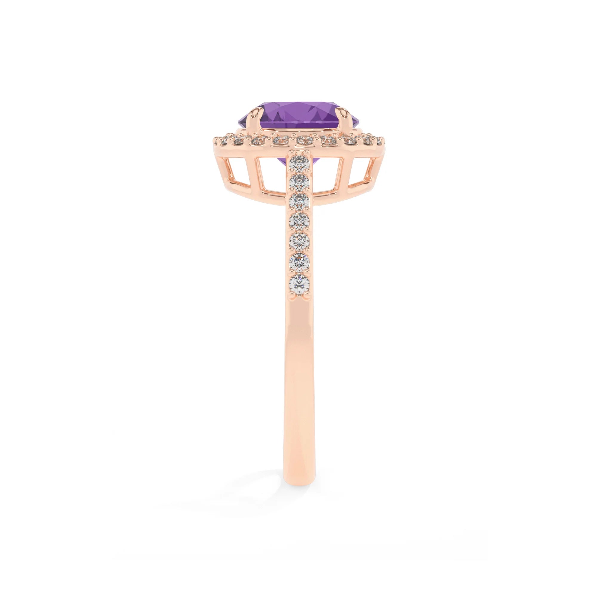 lab grown amethyst round solitaire rings in rose gold