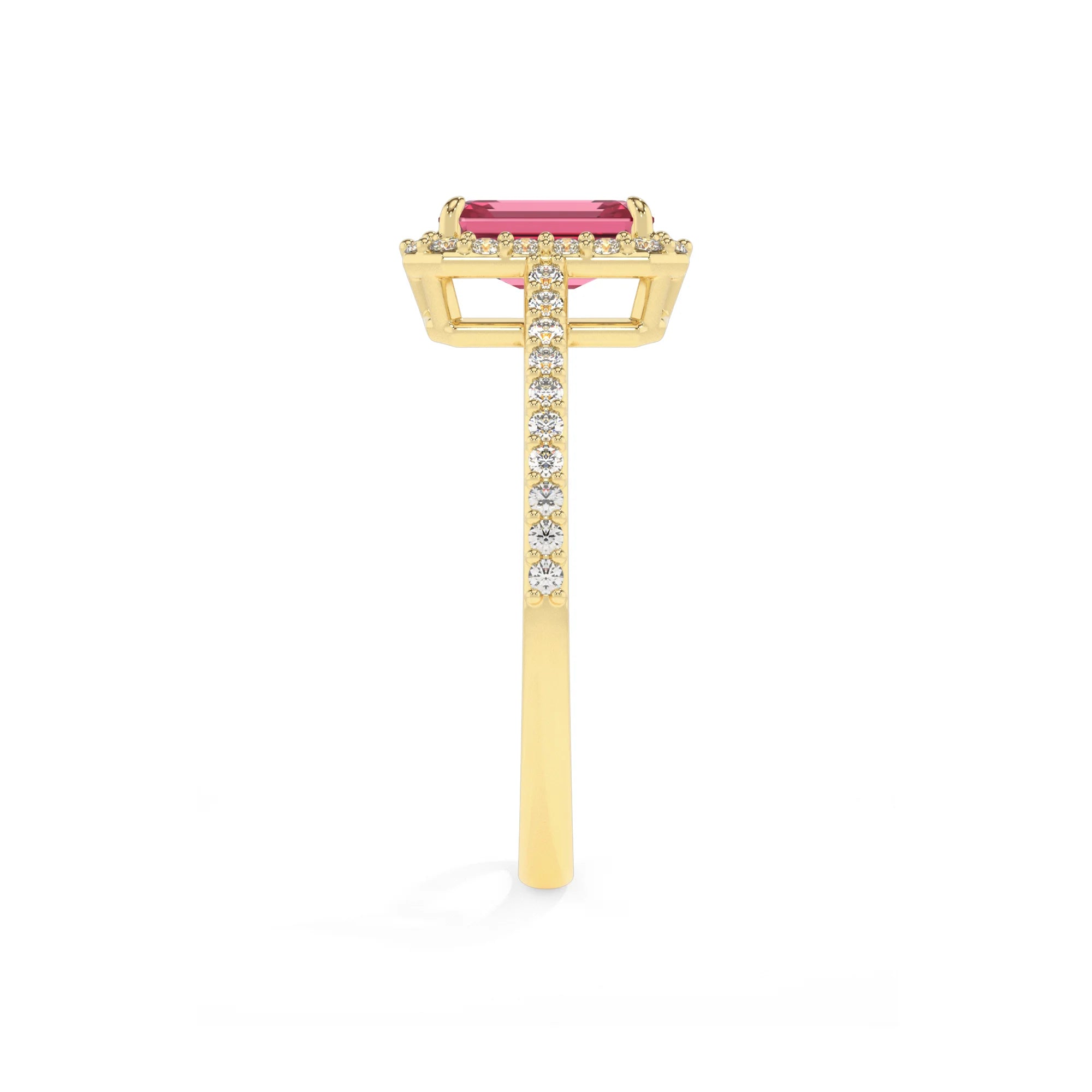 lab grown pink-tourmaline emerald cut solitaire rings in yellow gold