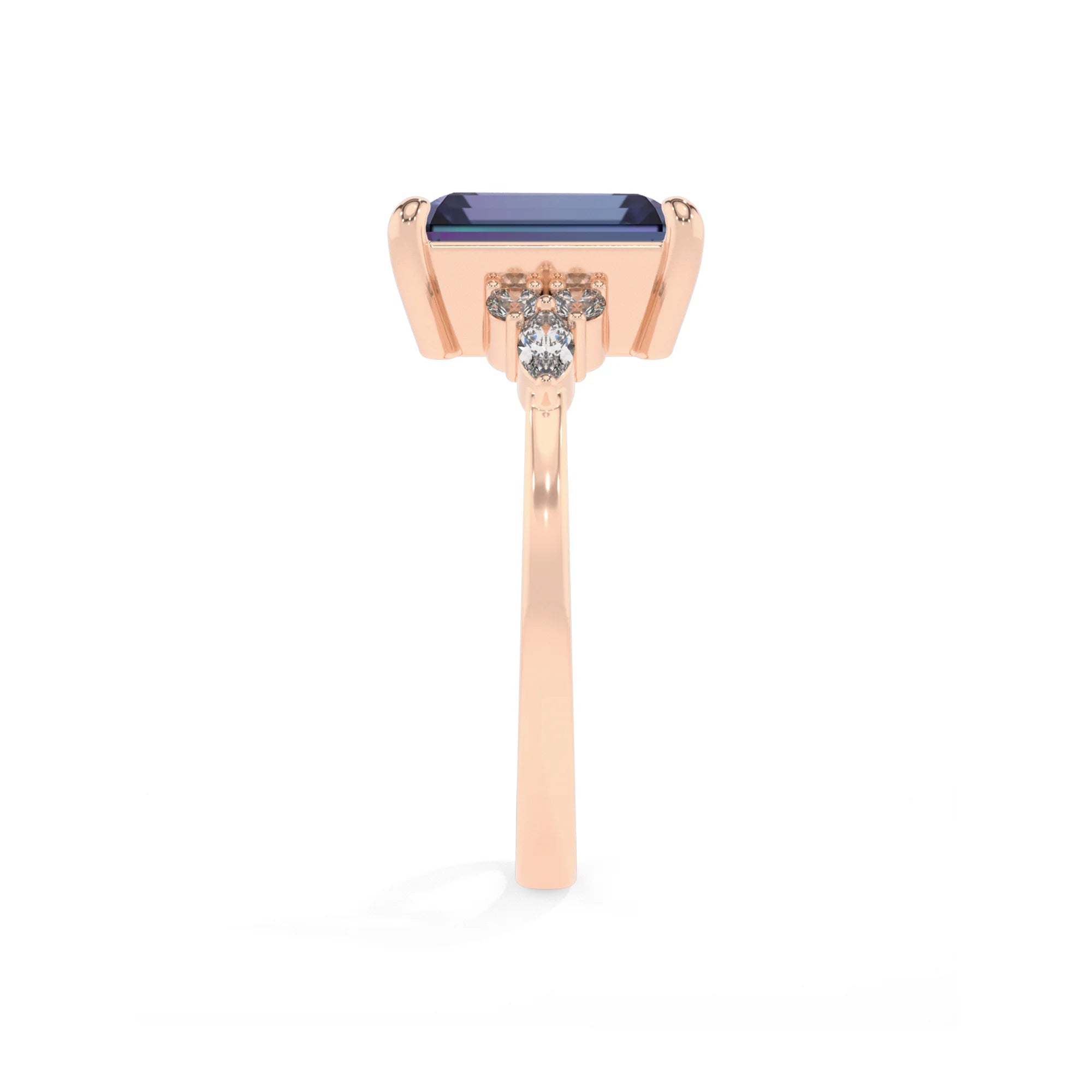 lab grown alexandrite emerald cut solitaire rings in rose gold