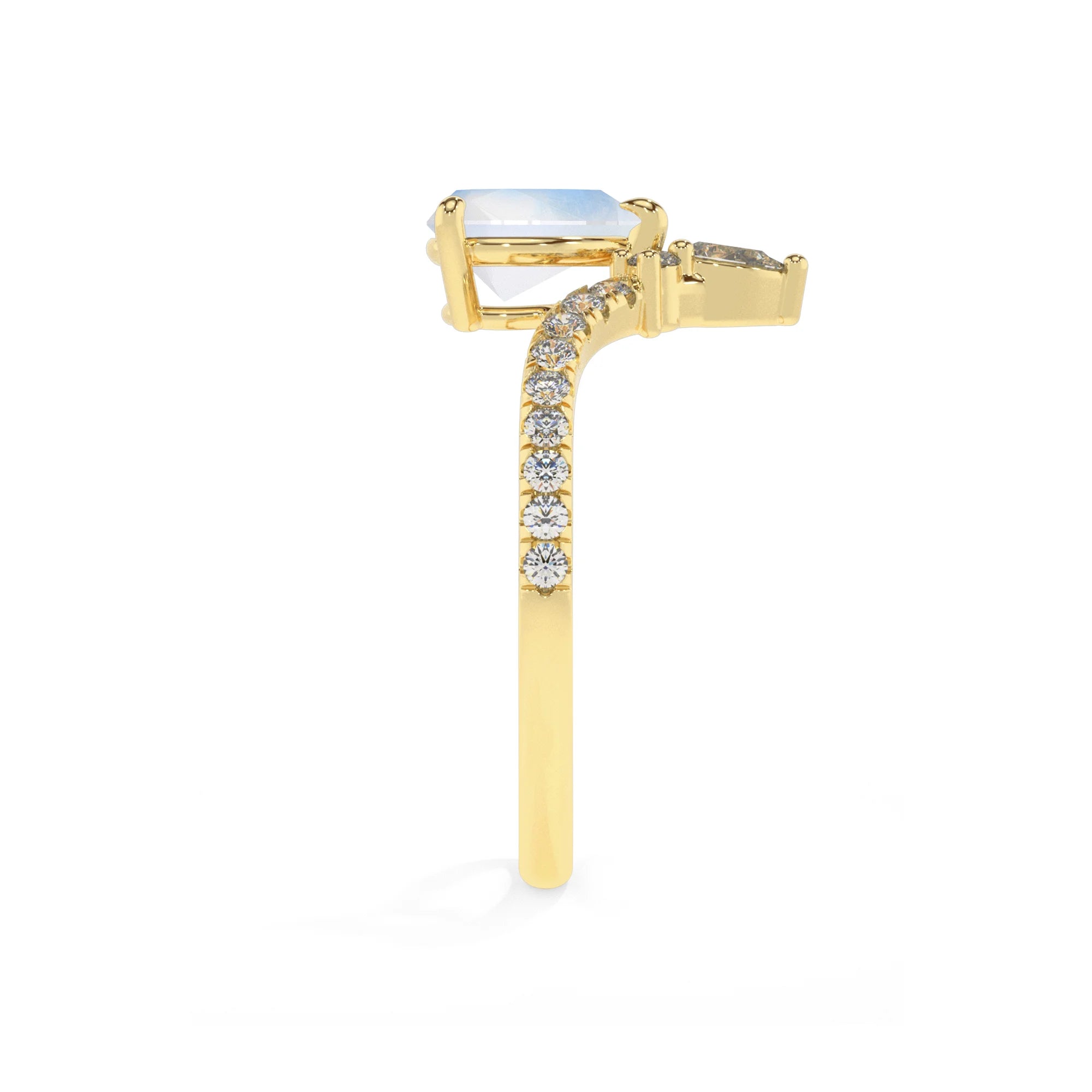 natural rainbow-moonstone pear solitaire rings in yellow gold