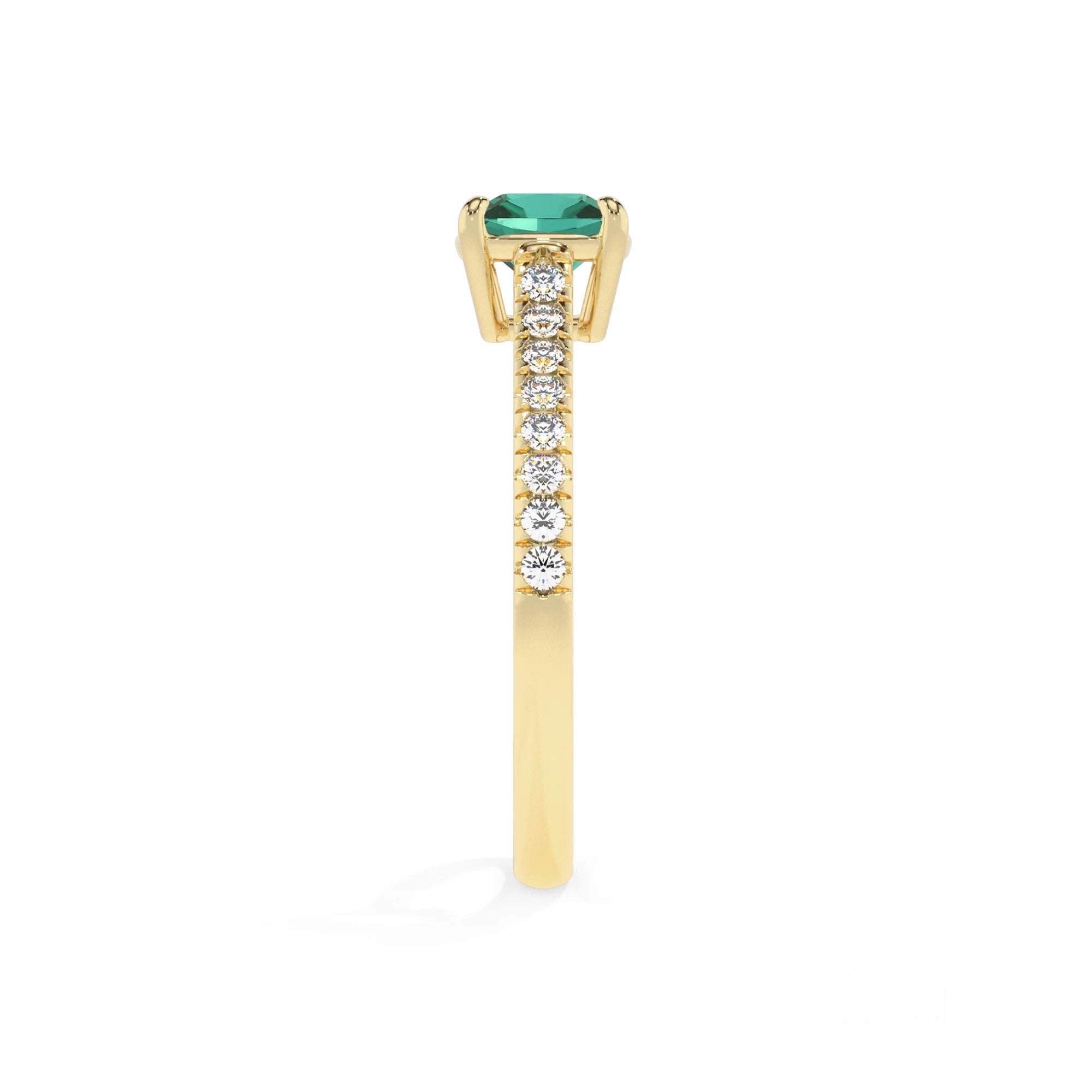 lab grown emerald cushion half eternity solitaire engagement rings in yellow gold