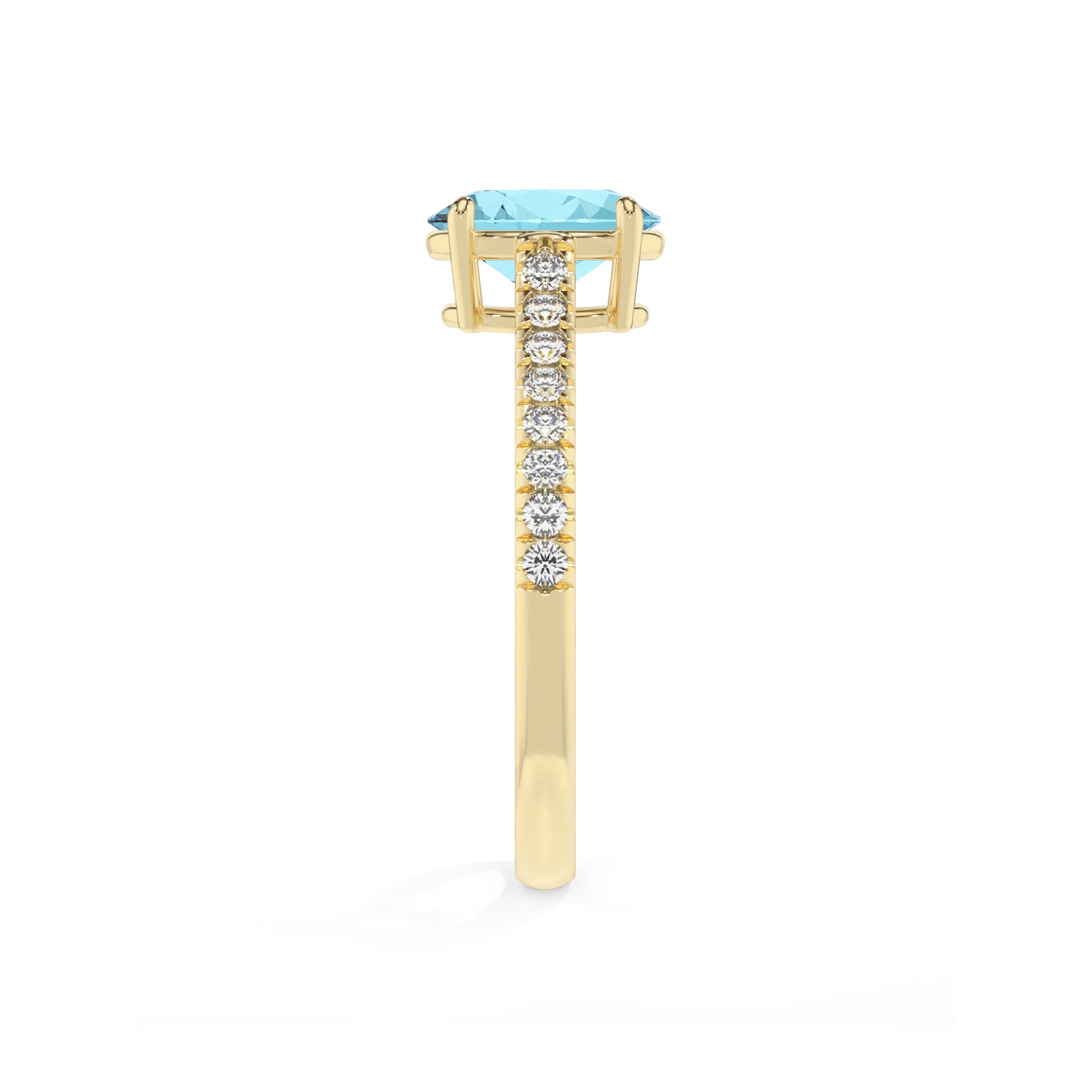 lab grown aquamarine oval half eternity solitaire engagement rings in yellow gold