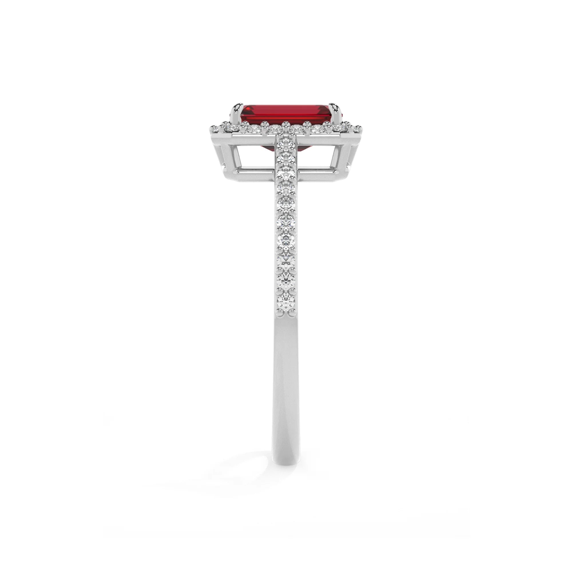 lab grown ruby emerald cut solitaire rings in white gold