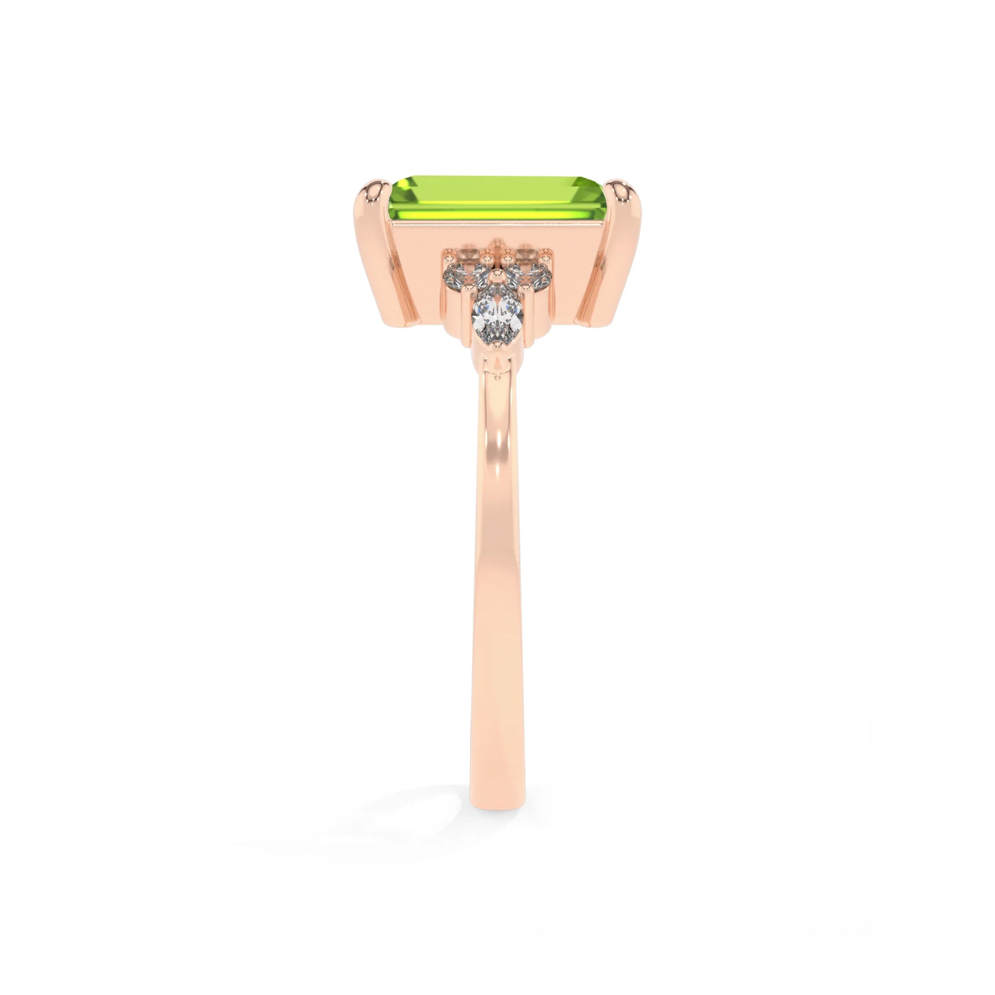 natural peridot emerald cut solitaire rings in rose gold