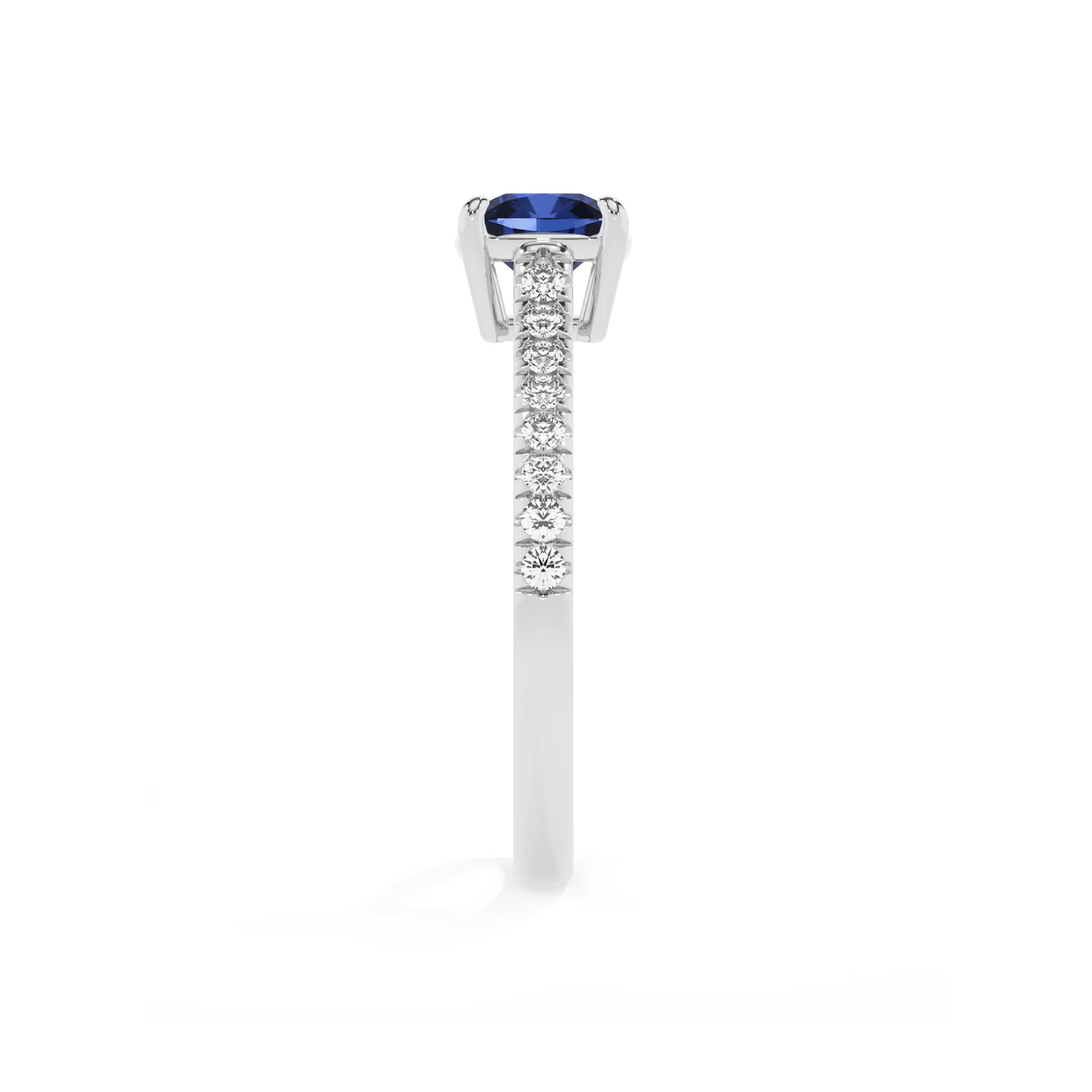 lab grown blue-sapphire cushion half eternity solitaire engagement rings in platinum