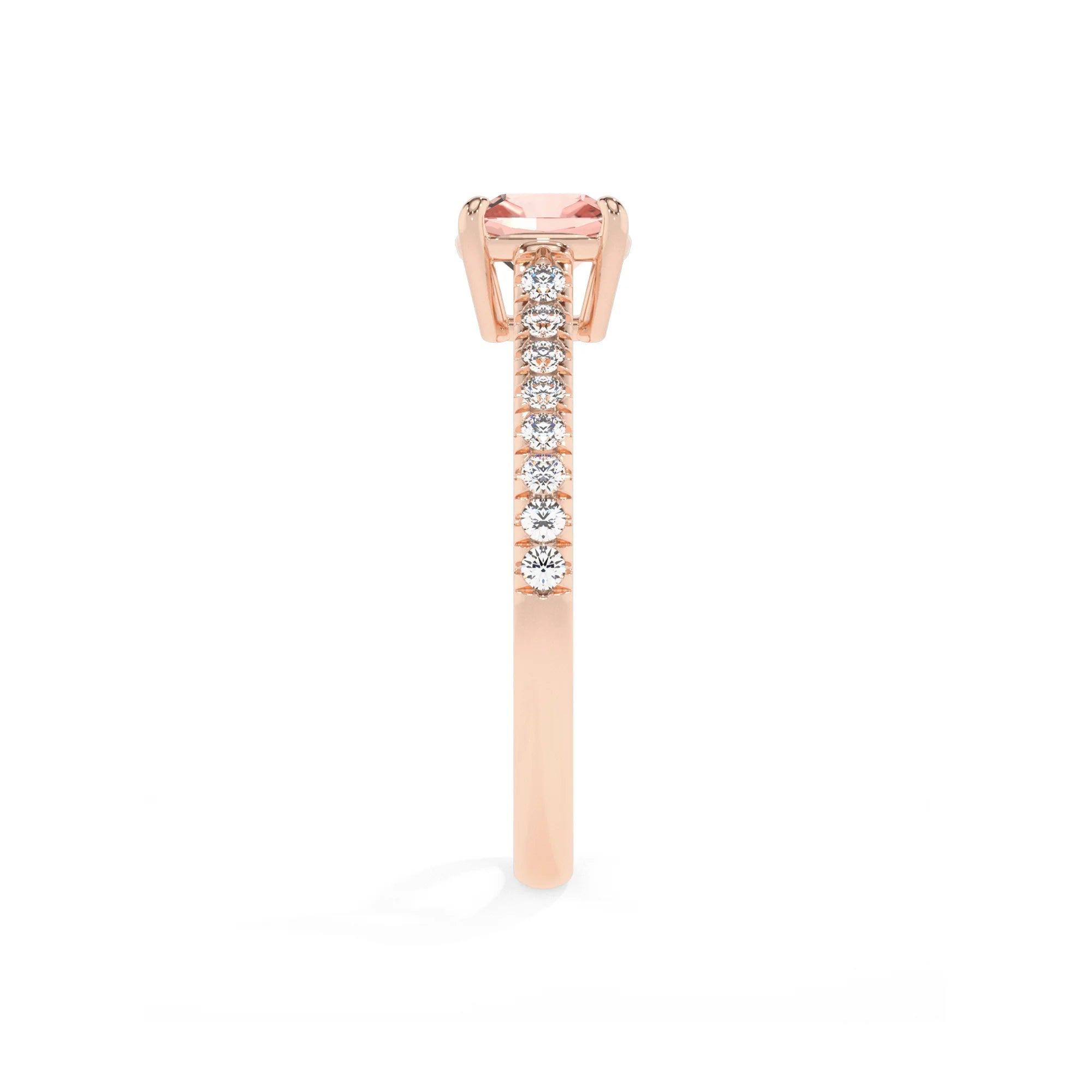 lab grown morganite cushion half eternity solitaire engagement rings in rose gold