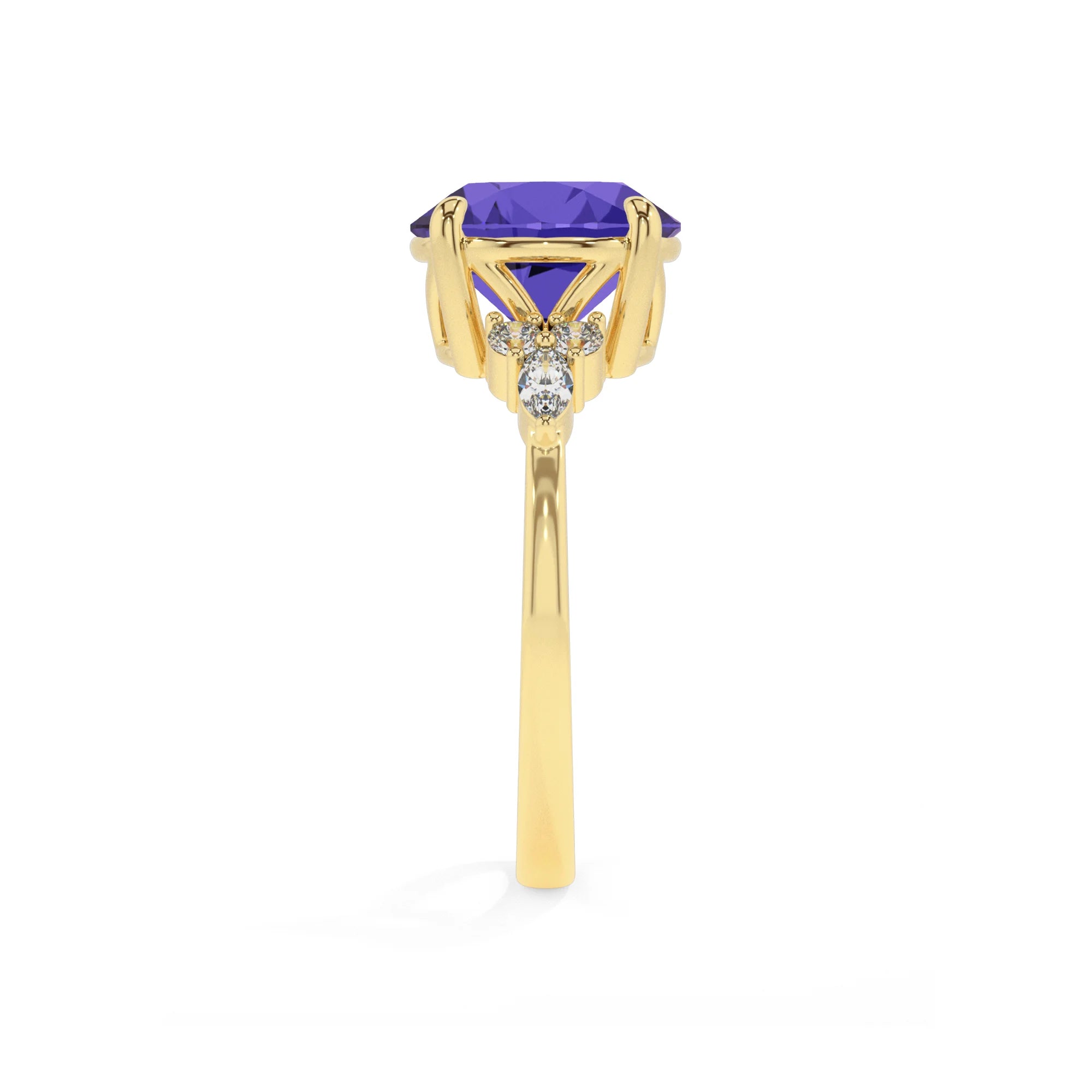 lab grown tanzanite round solitaire rings in yellow gold