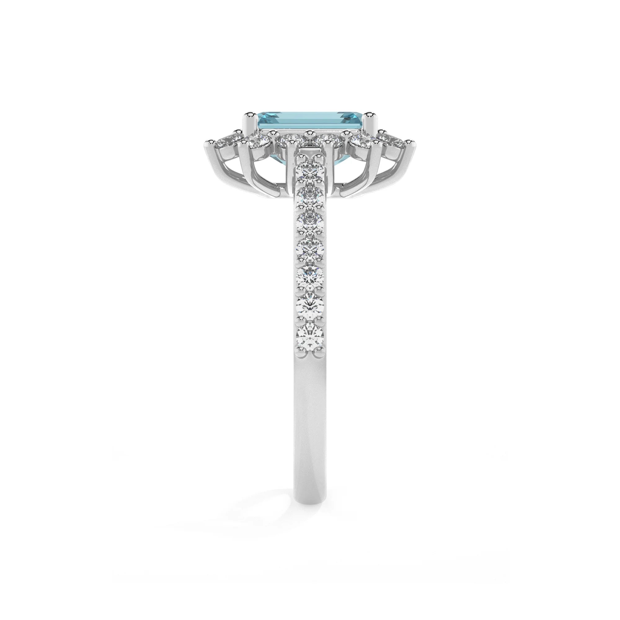 lab grown aquamarine emerald cut solitaire rings in white gold