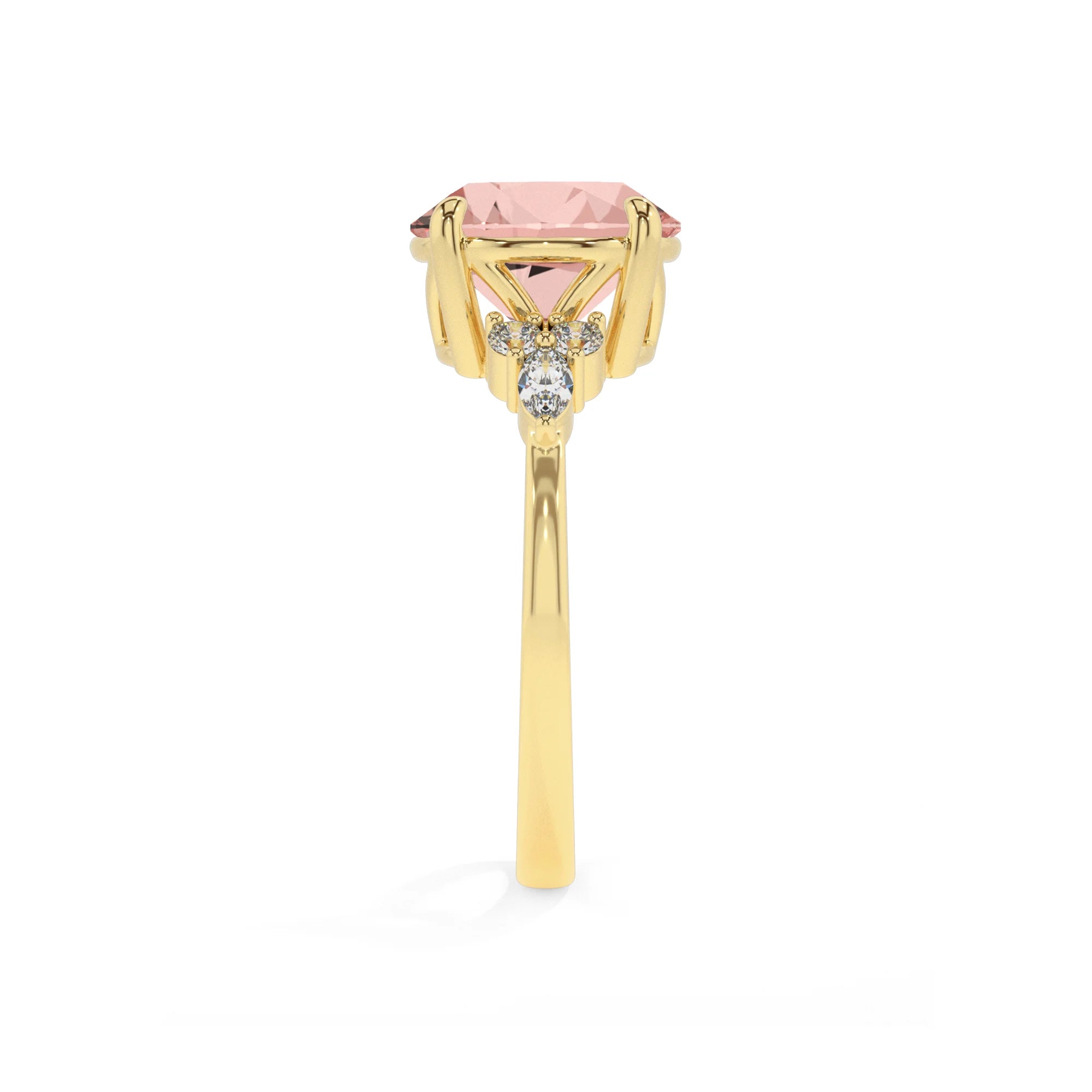 lab grown morganite round solitaire rings in yellow gold
