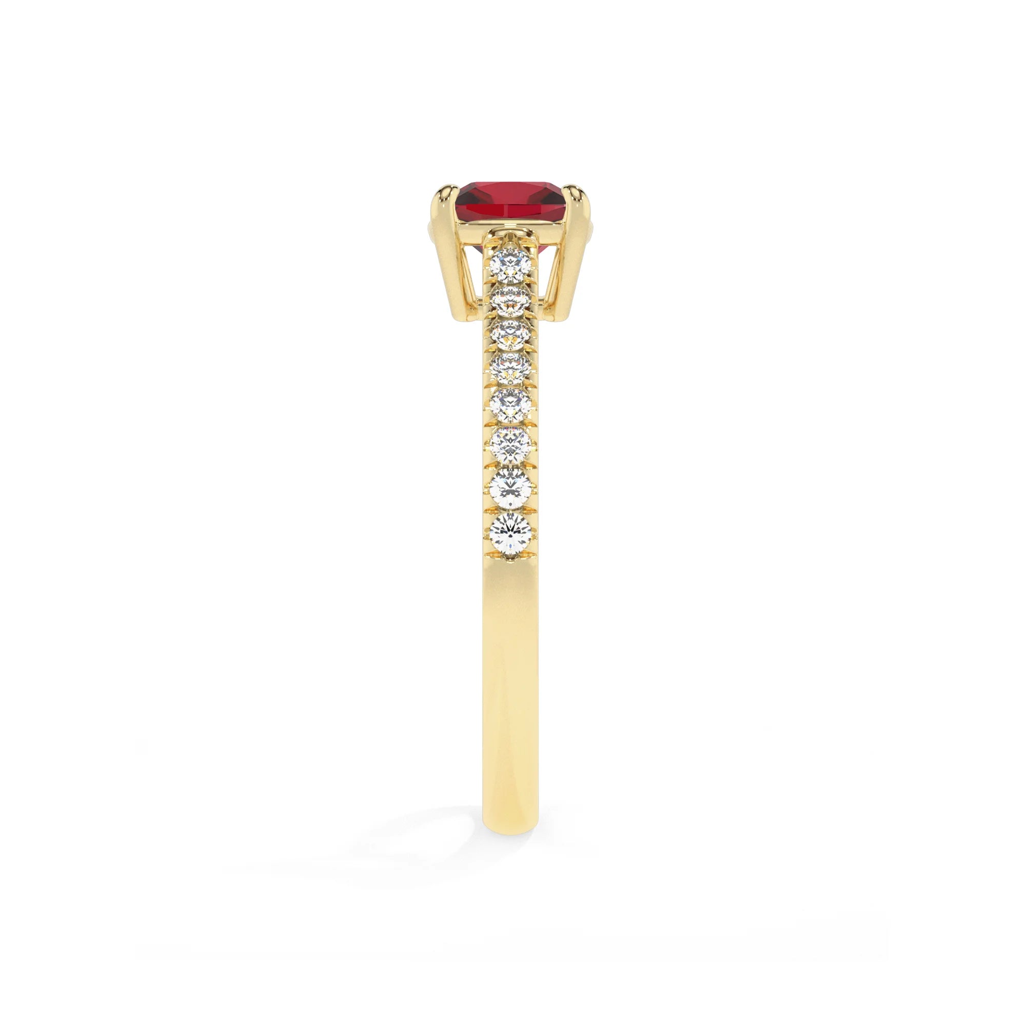lab grown ruby cushion half eternity solitaire engagement rings in yellow gold