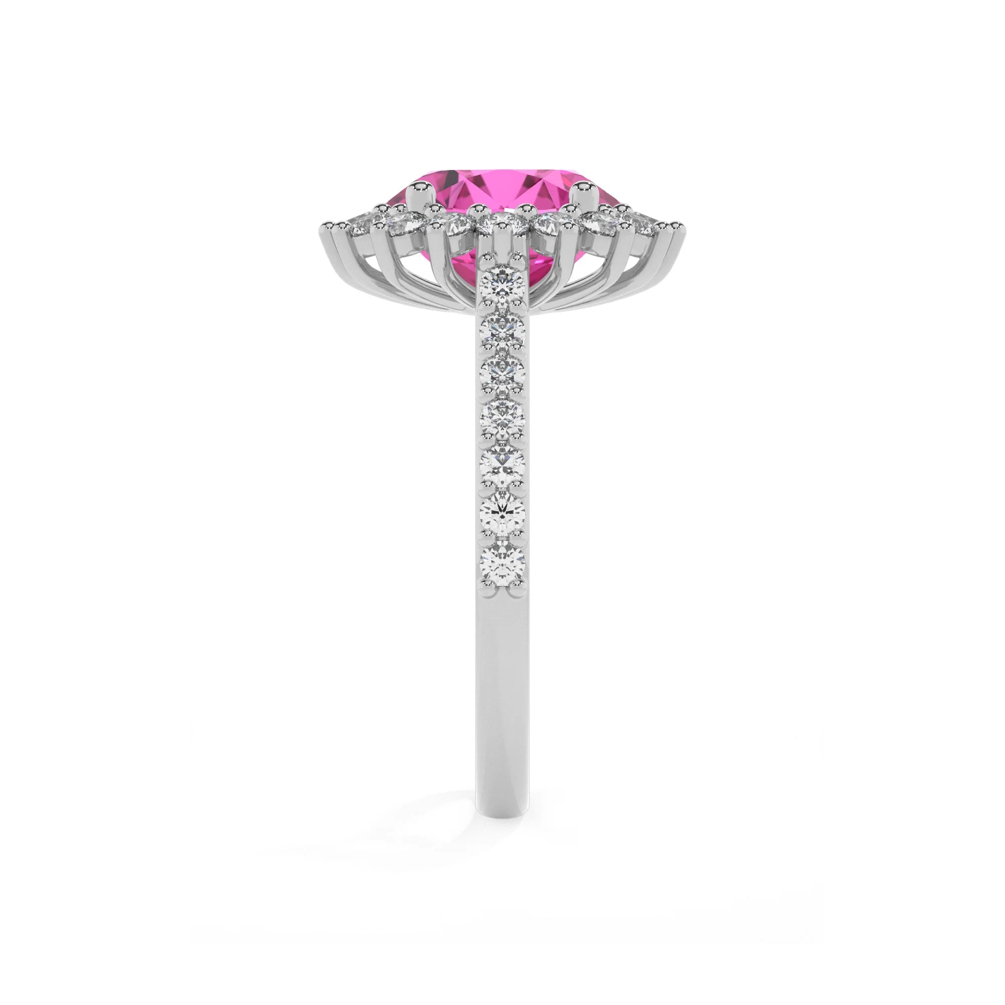lab grown pink-sapphire round solitaire rings in platinum