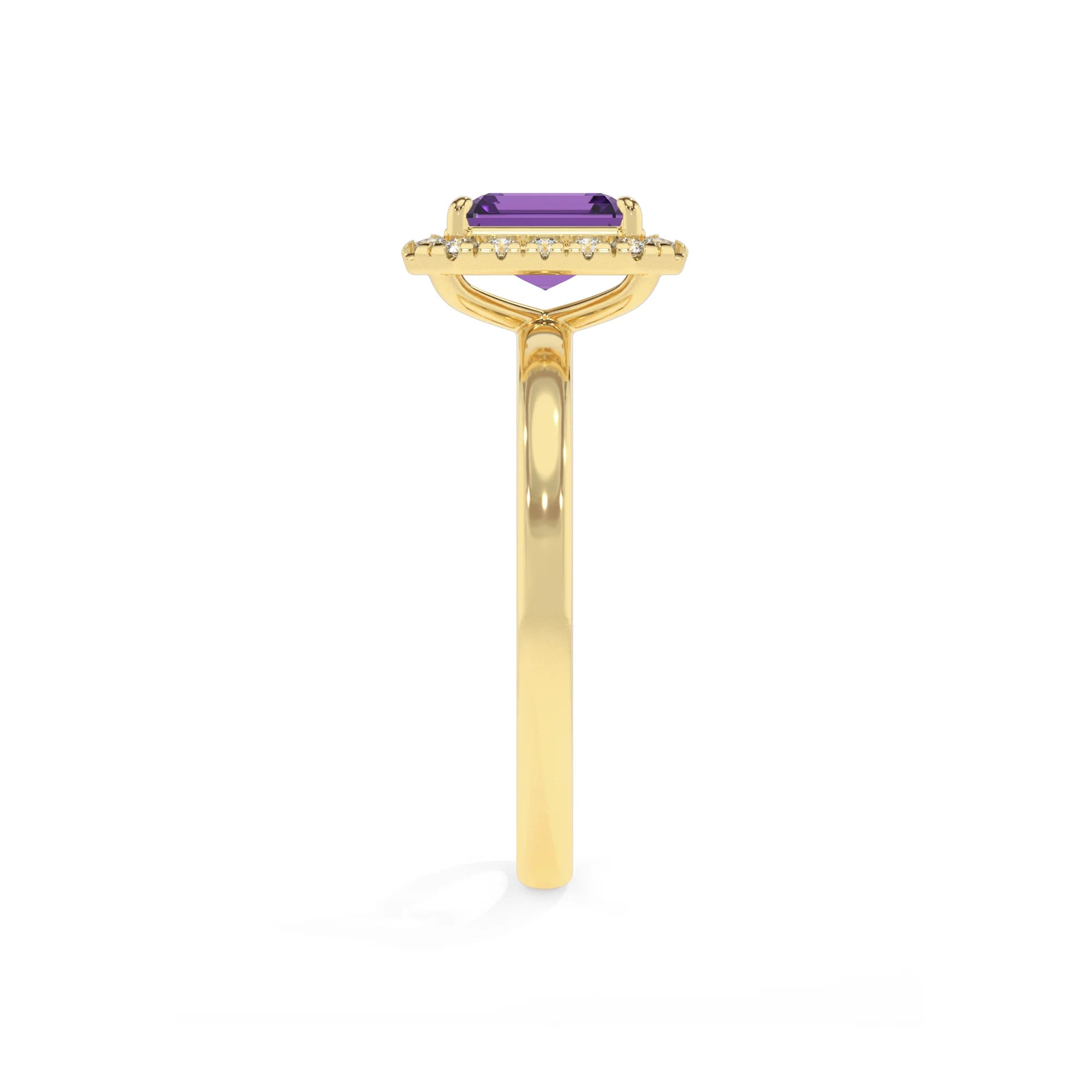 lab grown amethyst emerald cut solitaire rings in yellow gold