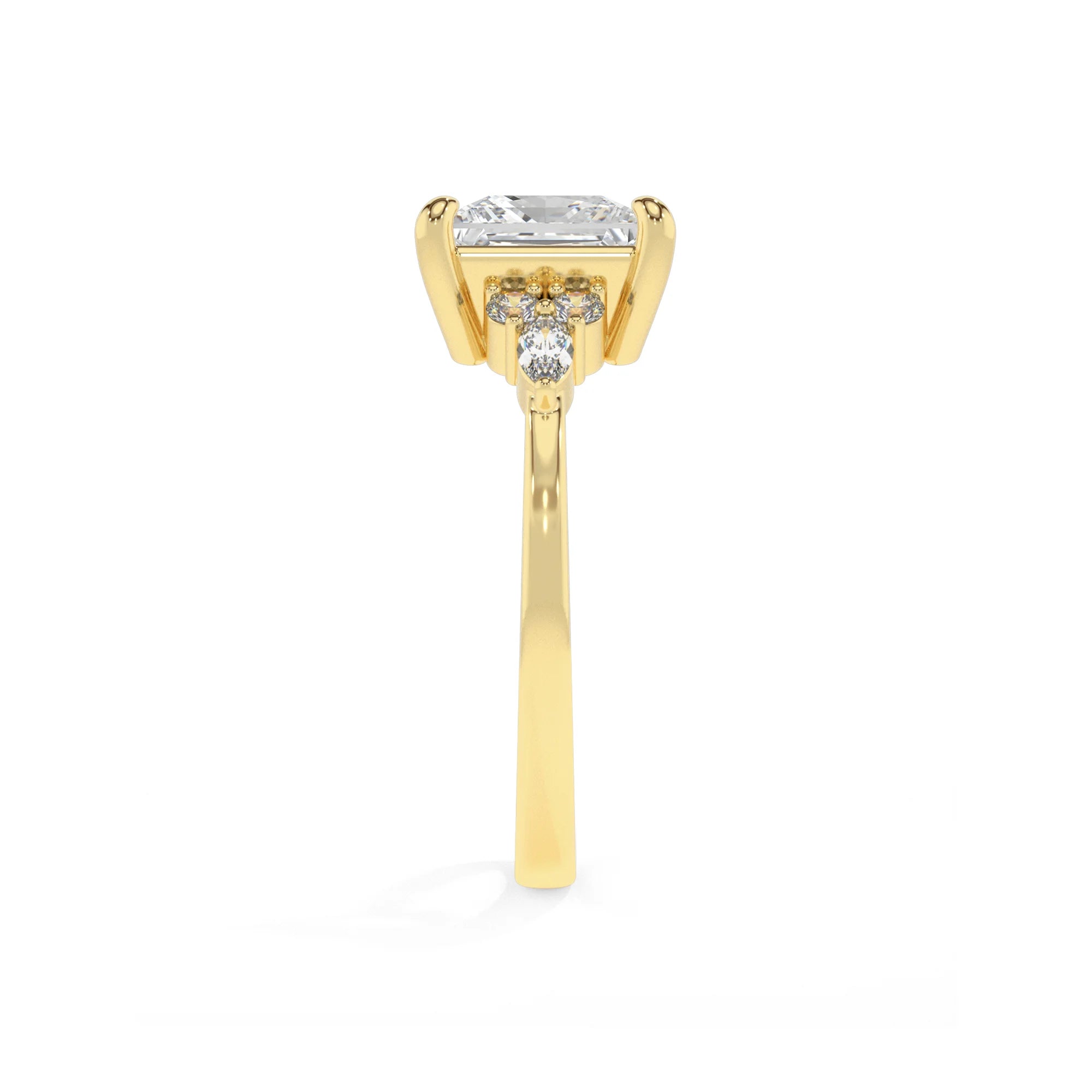 lab grown moissanite princess solitaire rings in yellow gold