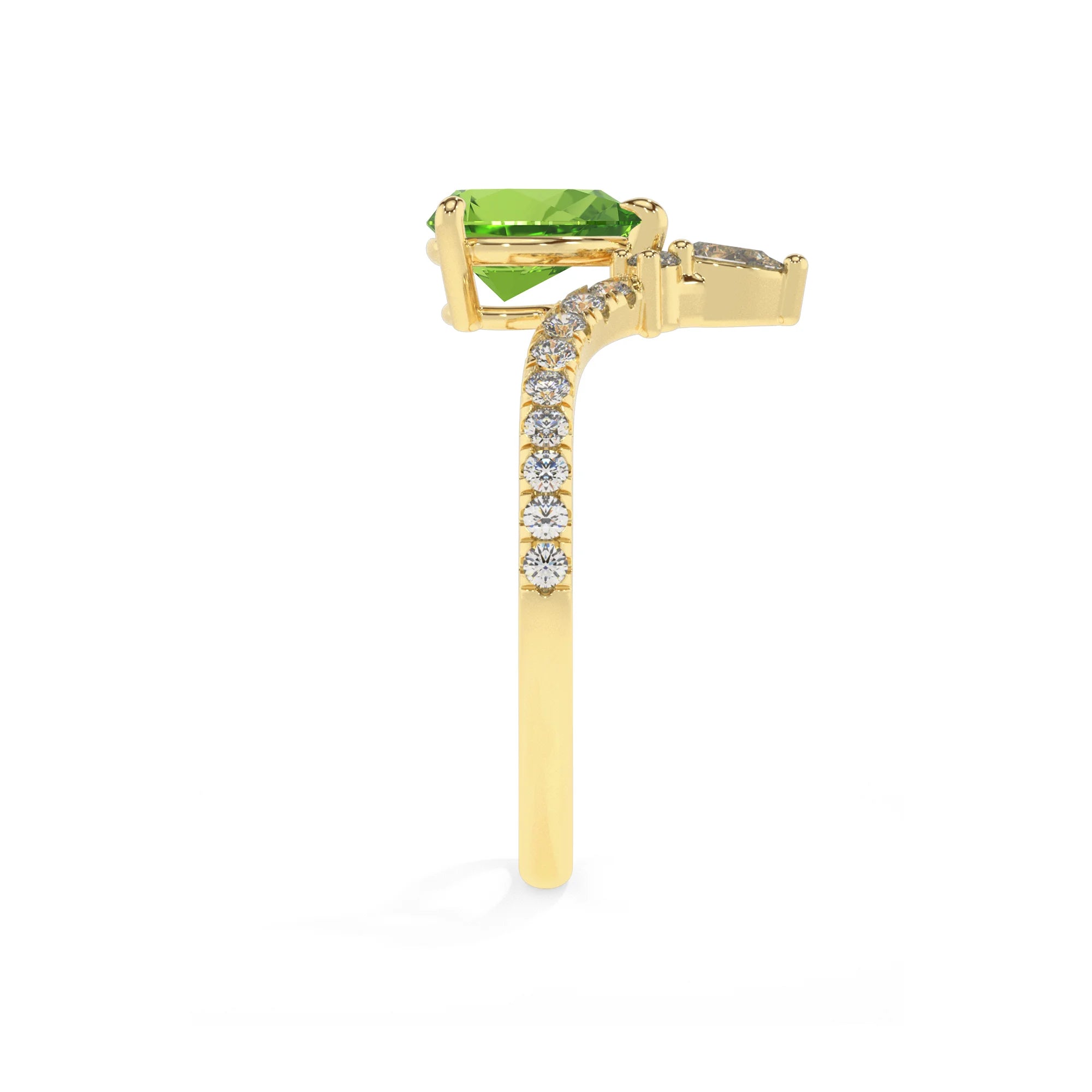 natural peridot pear solitaire rings in yellow gold