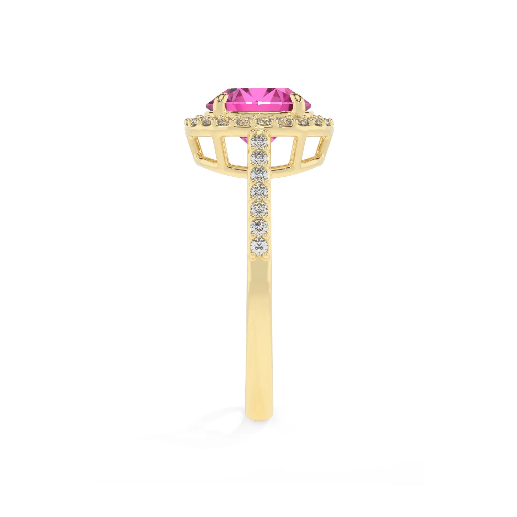 lab grown pink-sapphire round solitaire rings in yellow gold