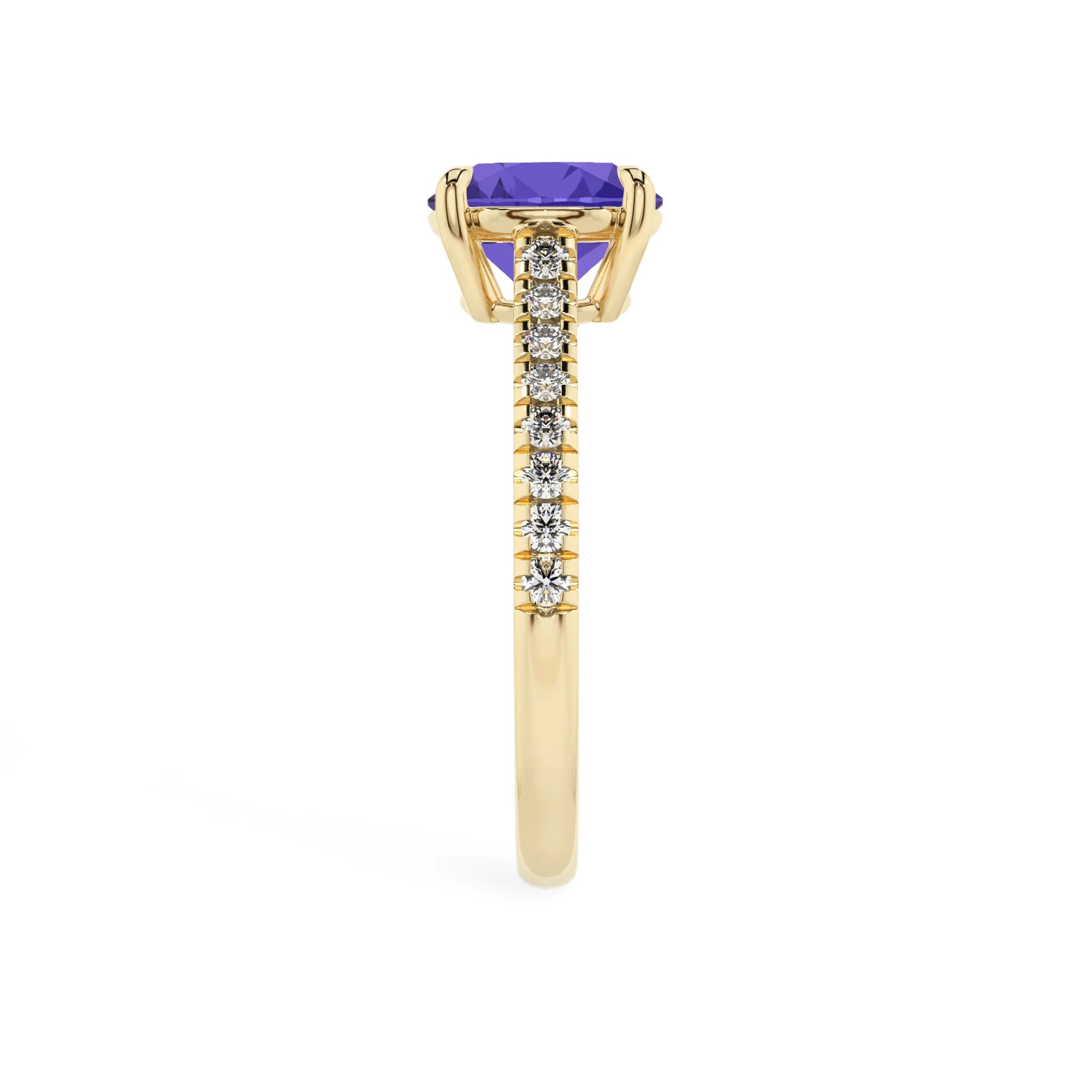lab grown tanzanite round half eternity solitaire engagement rings in yellow gold
