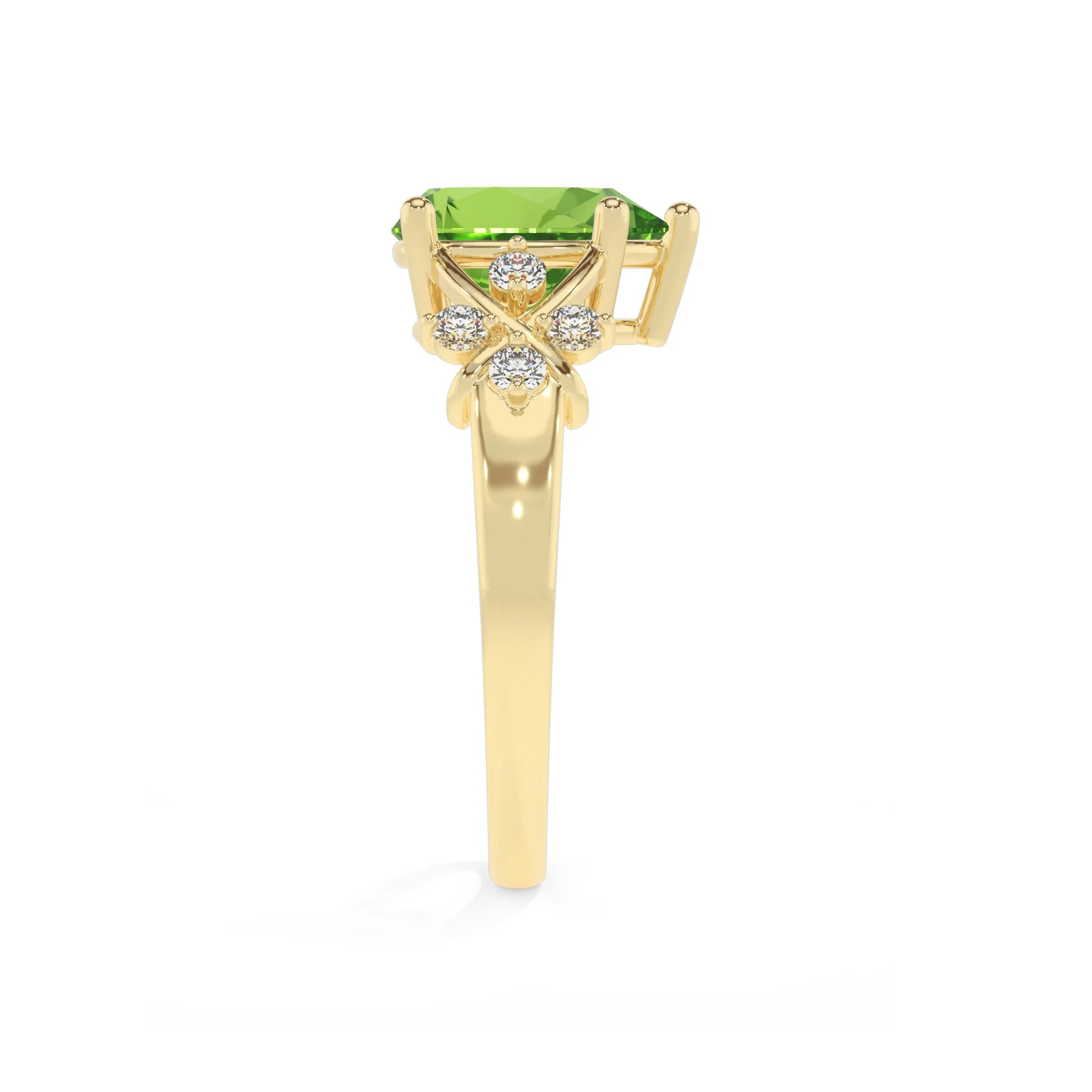 natural peridot pear solitaire rings in yellow gold