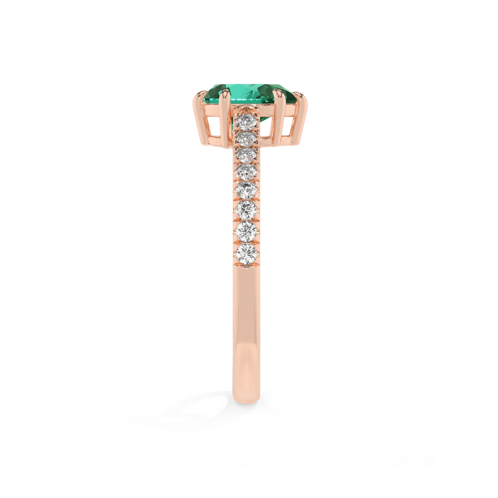 lab grown emerald pear half eternity solitaire engagement rings in rose gold