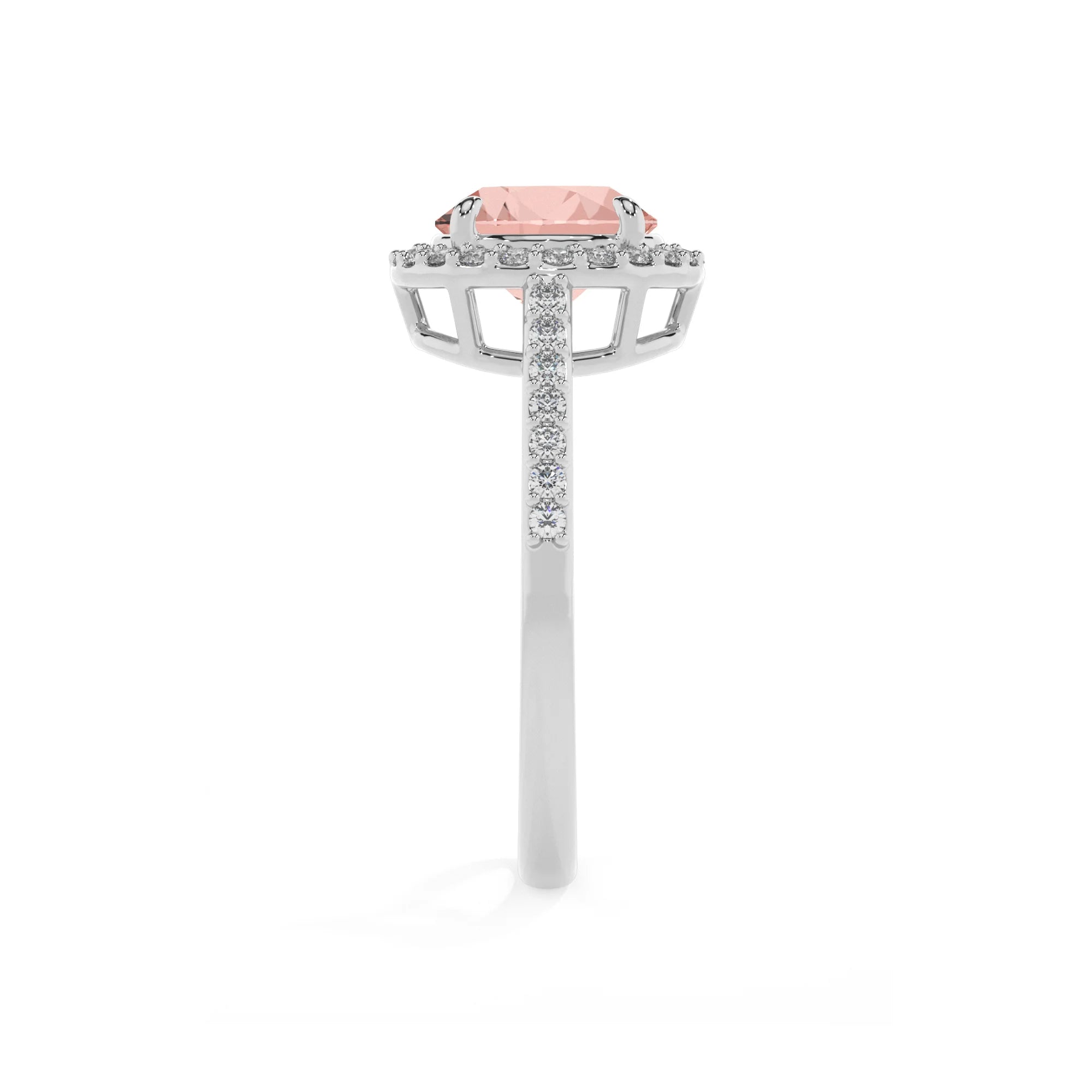 lab grown morganite round solitaire rings in white gold