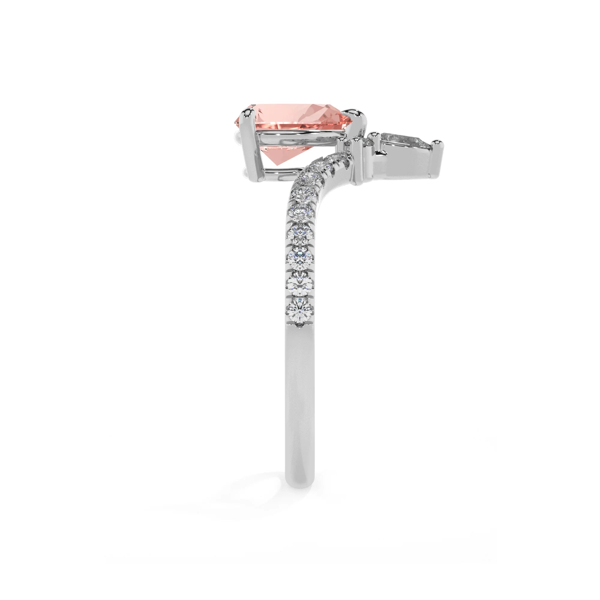 lab grown morganite pear solitaire rings in platinum