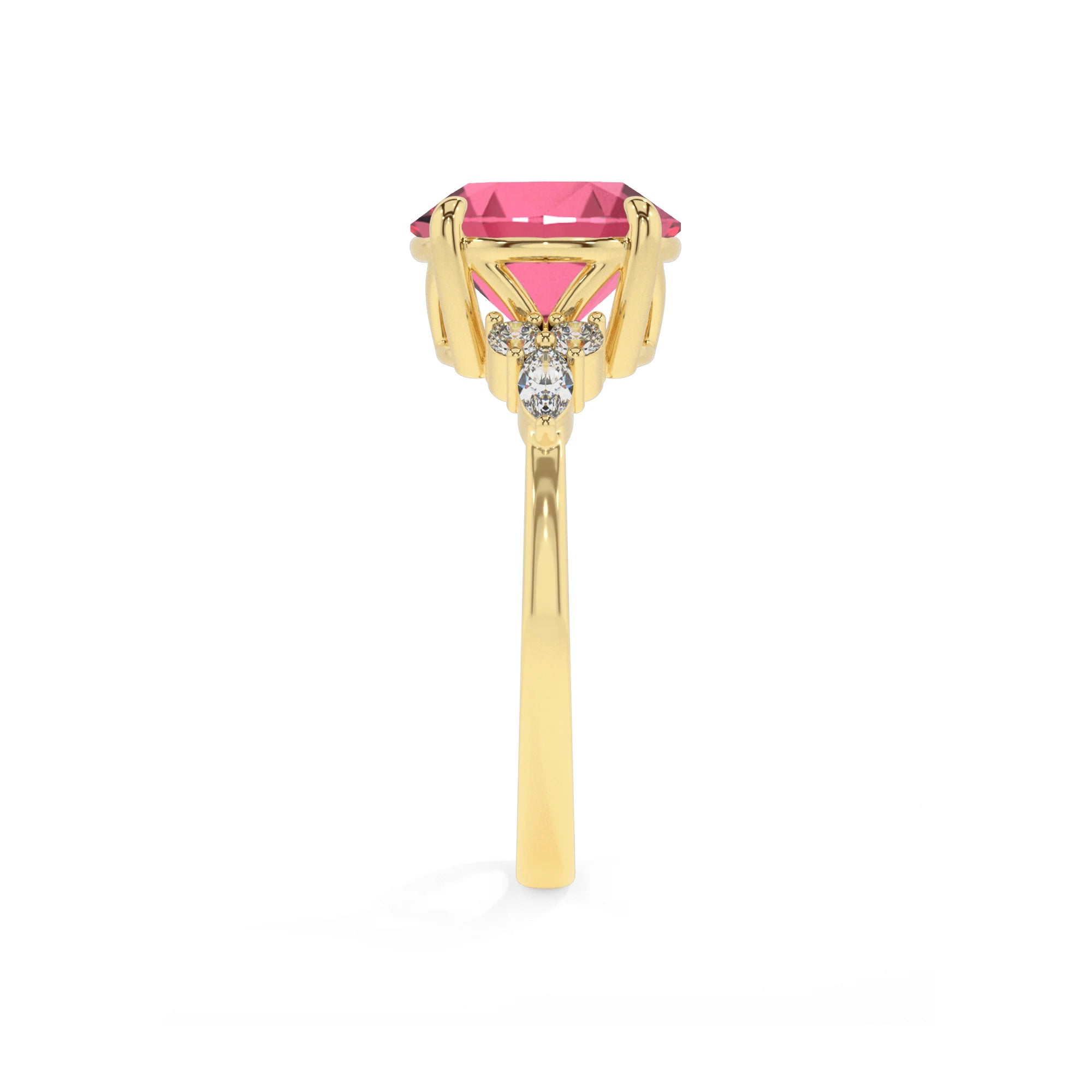 lab grown pink-tourmaline round solitaire rings in yellow gold