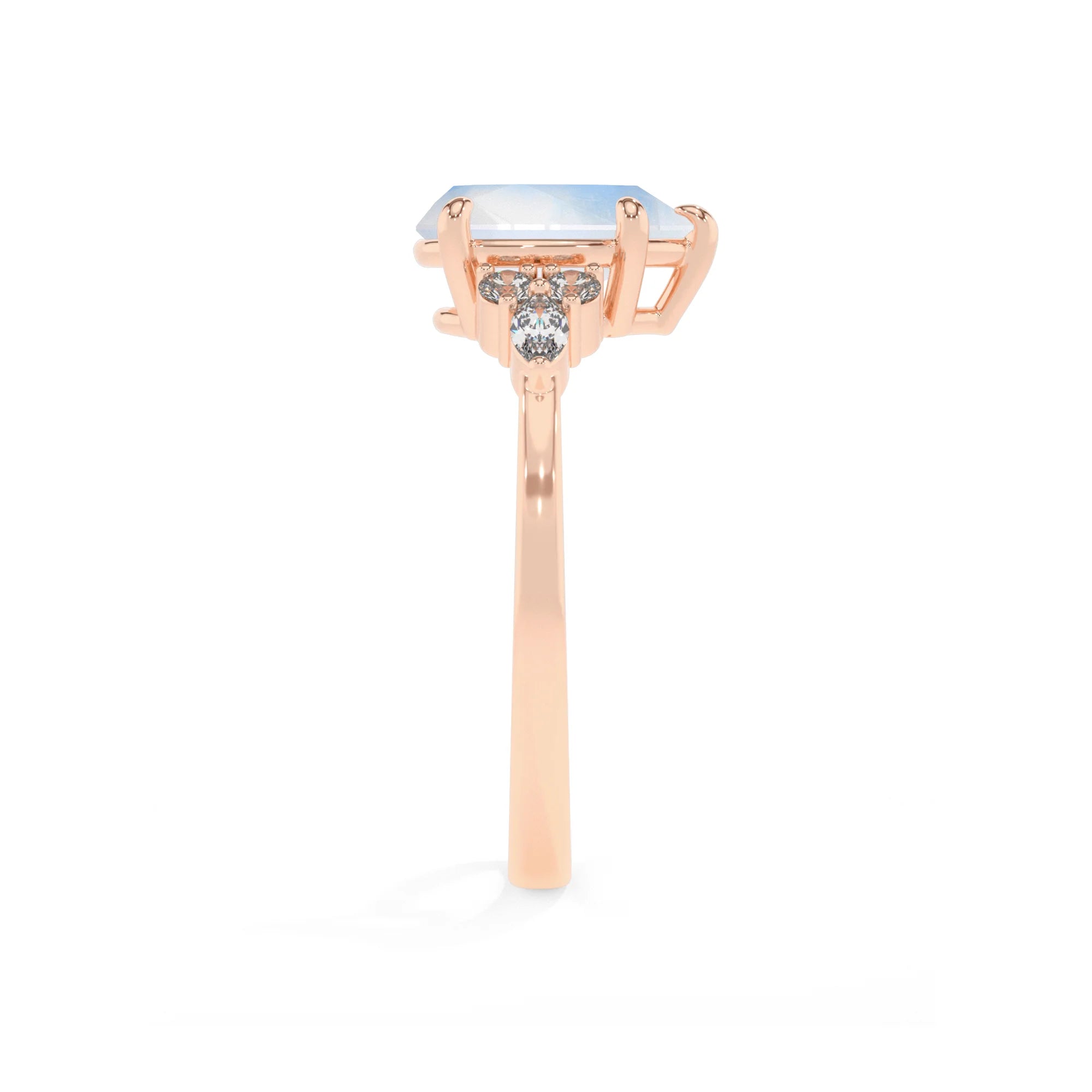 natural rainbow-moonstone pear solitaire rings in rose gold