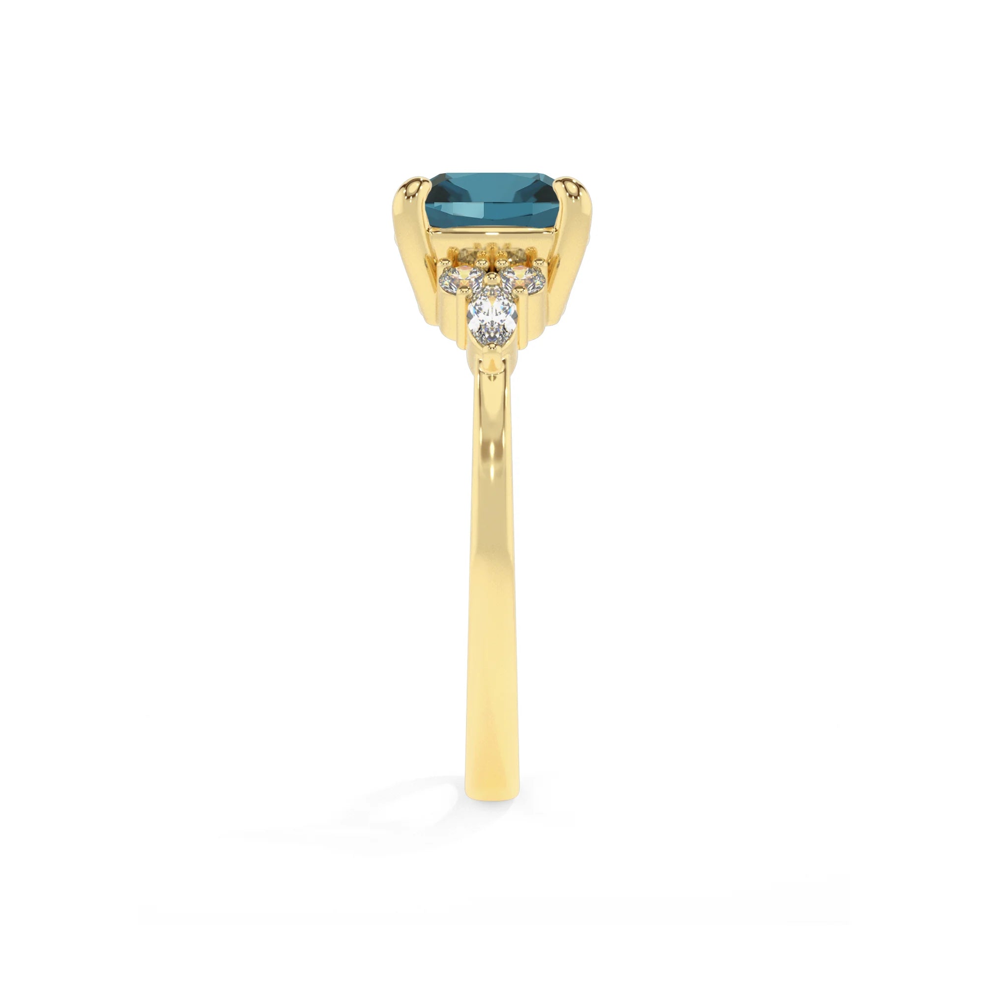 natural london-blue-topaz cushion solitaire rings in yellow gold
