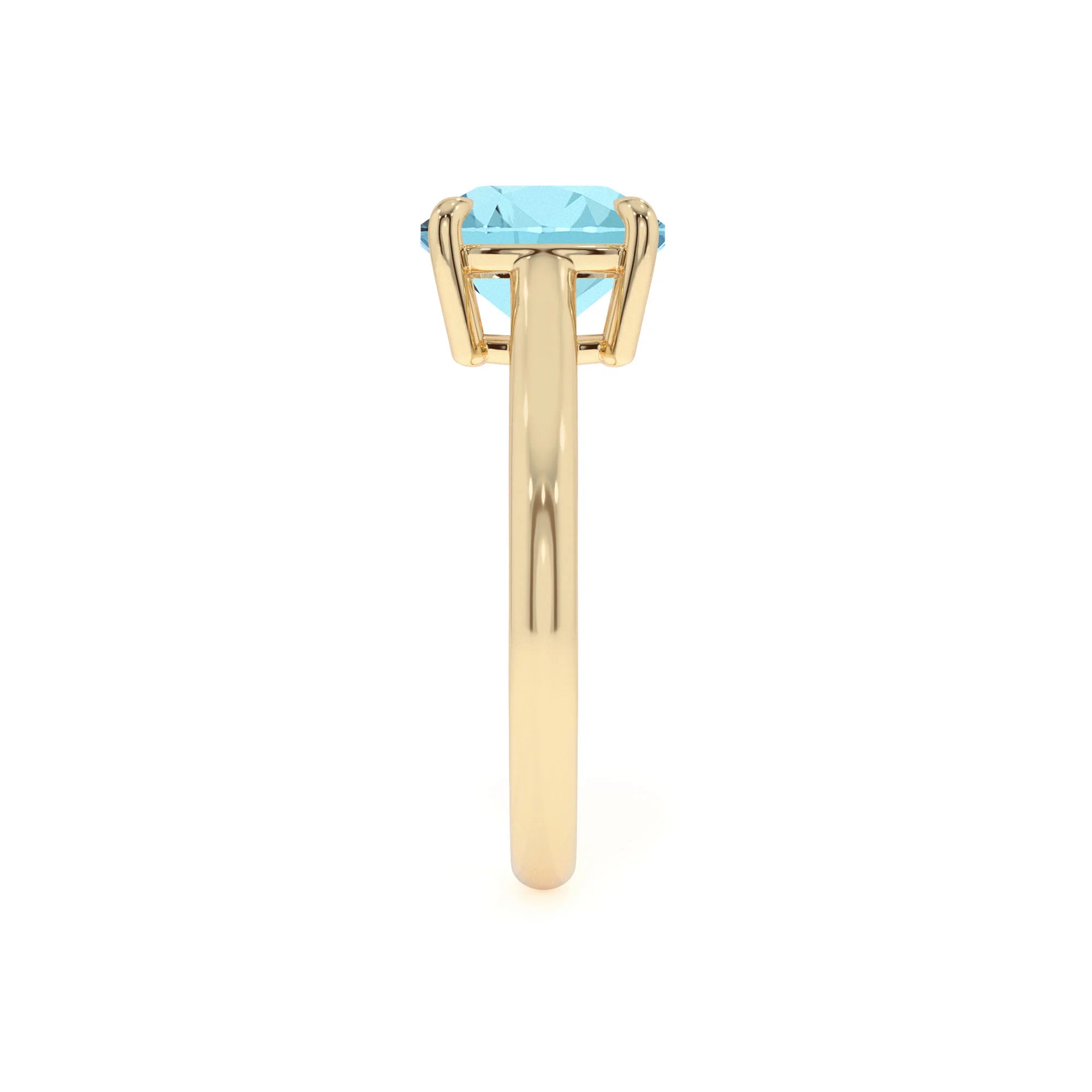 lab grown aquamarine cushion solitaire rings in yellow gold