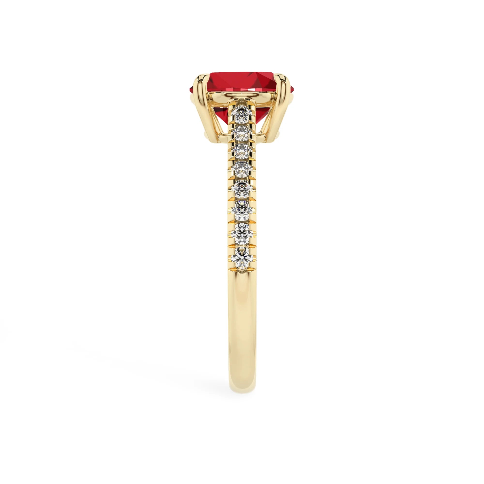 lab grown ruby round half eternity solitaire engagement rings in yellow gold