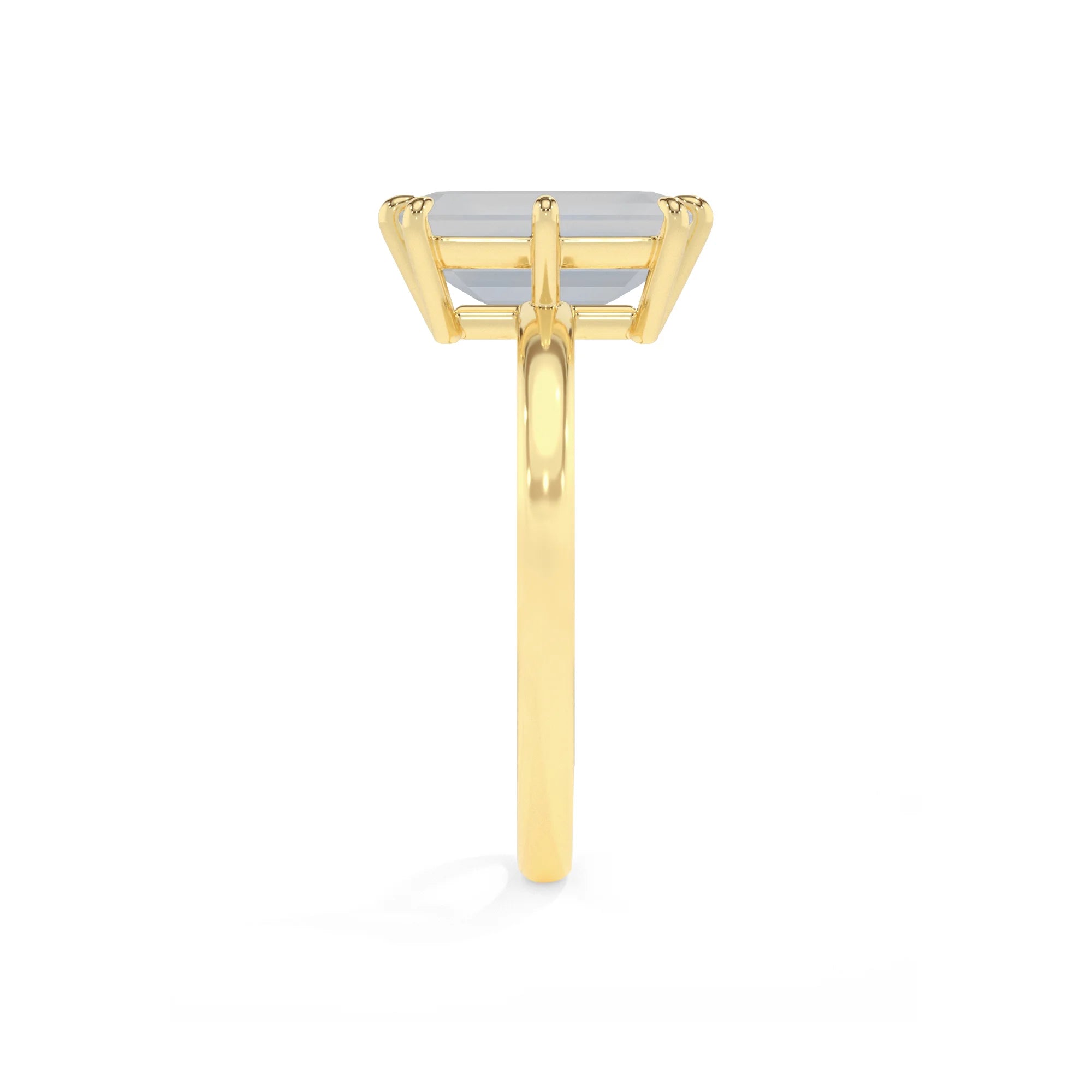 natural rainbow-moonstone emerald cut solitaire rings in yellow gold